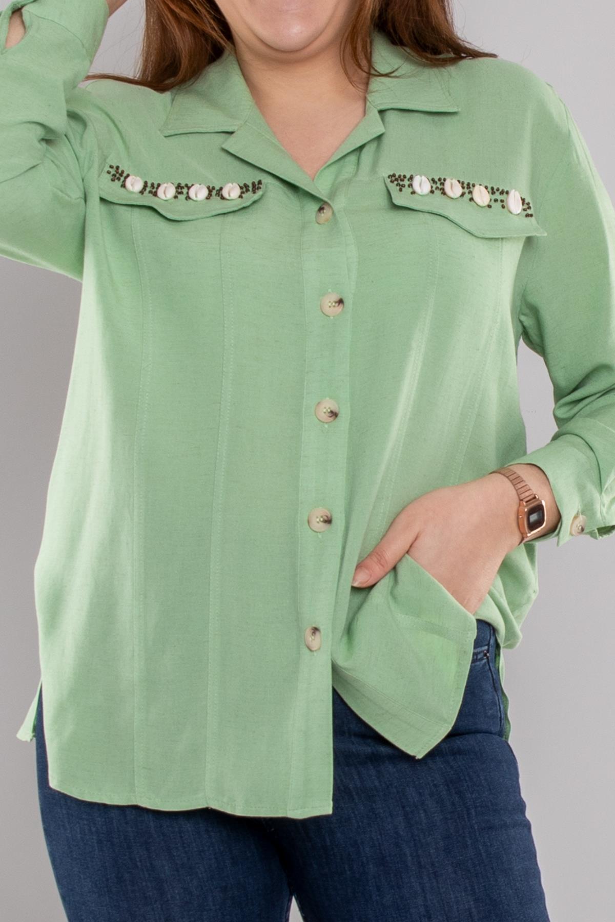 7085 Büyük Beden Cep Detay Düğmeli Linen Gömlek