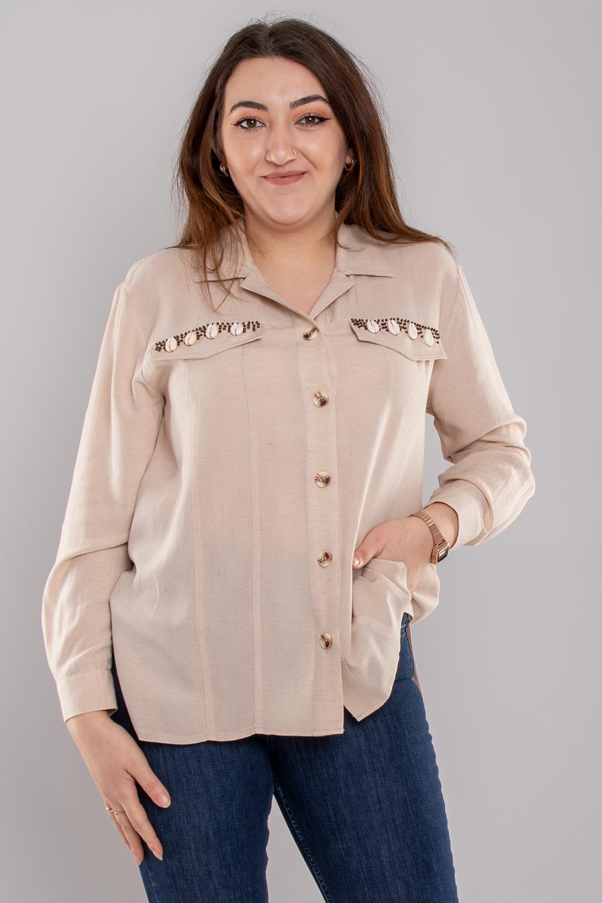 7085 Büyük Beden Cep Detay Düğmeli Linen Gömlek