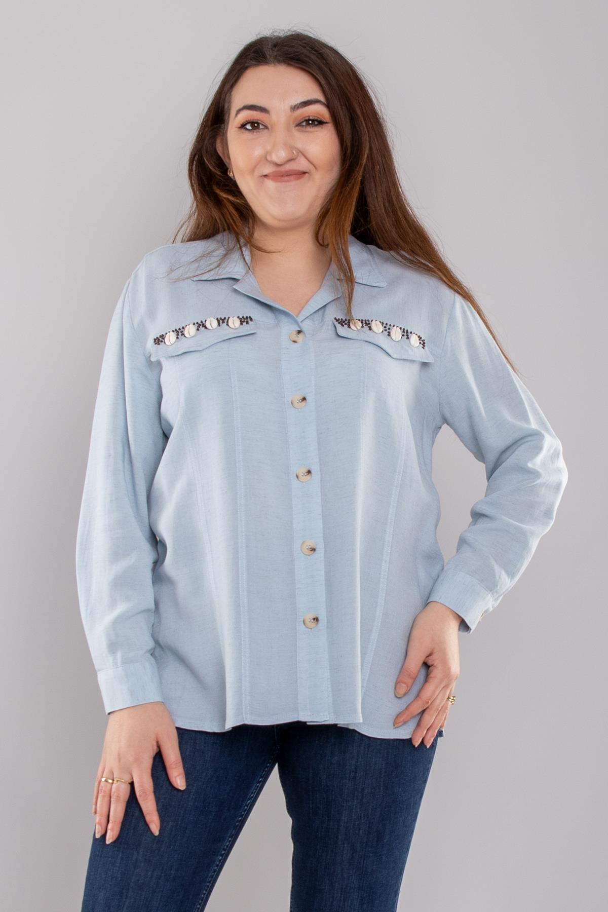 7085 Büyük Beden Cep Detay Düğmeli Linen Gömlek