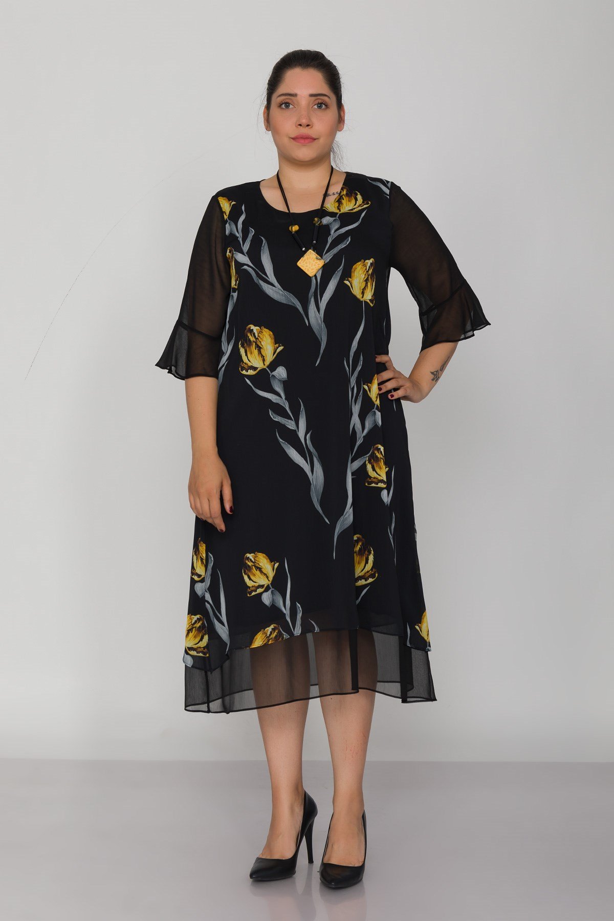 7099 Büyük Beden Lale Desen Tül Kol Kolyeli Şifon Kısa Elbise