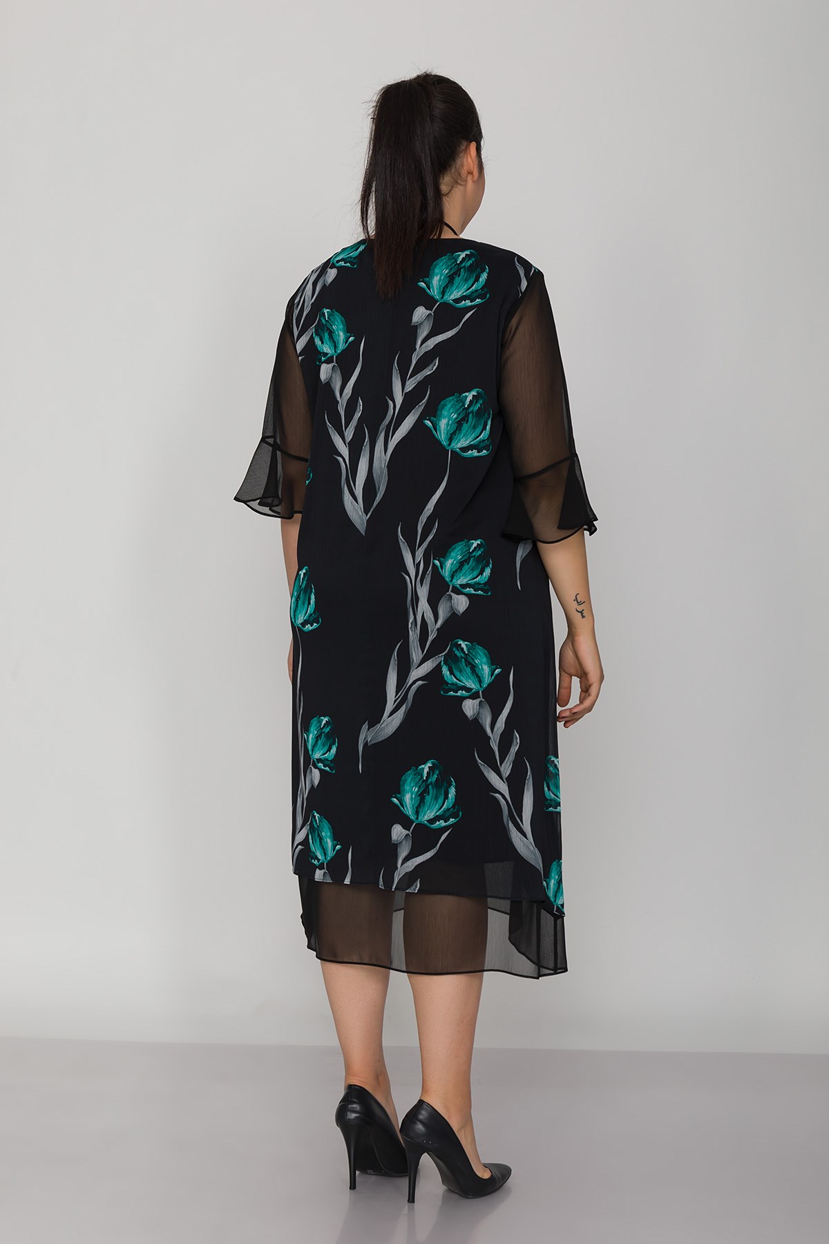 7099 Büyük Beden Lale Desen Tül Kol Kolyeli Şifon Kısa Elbise