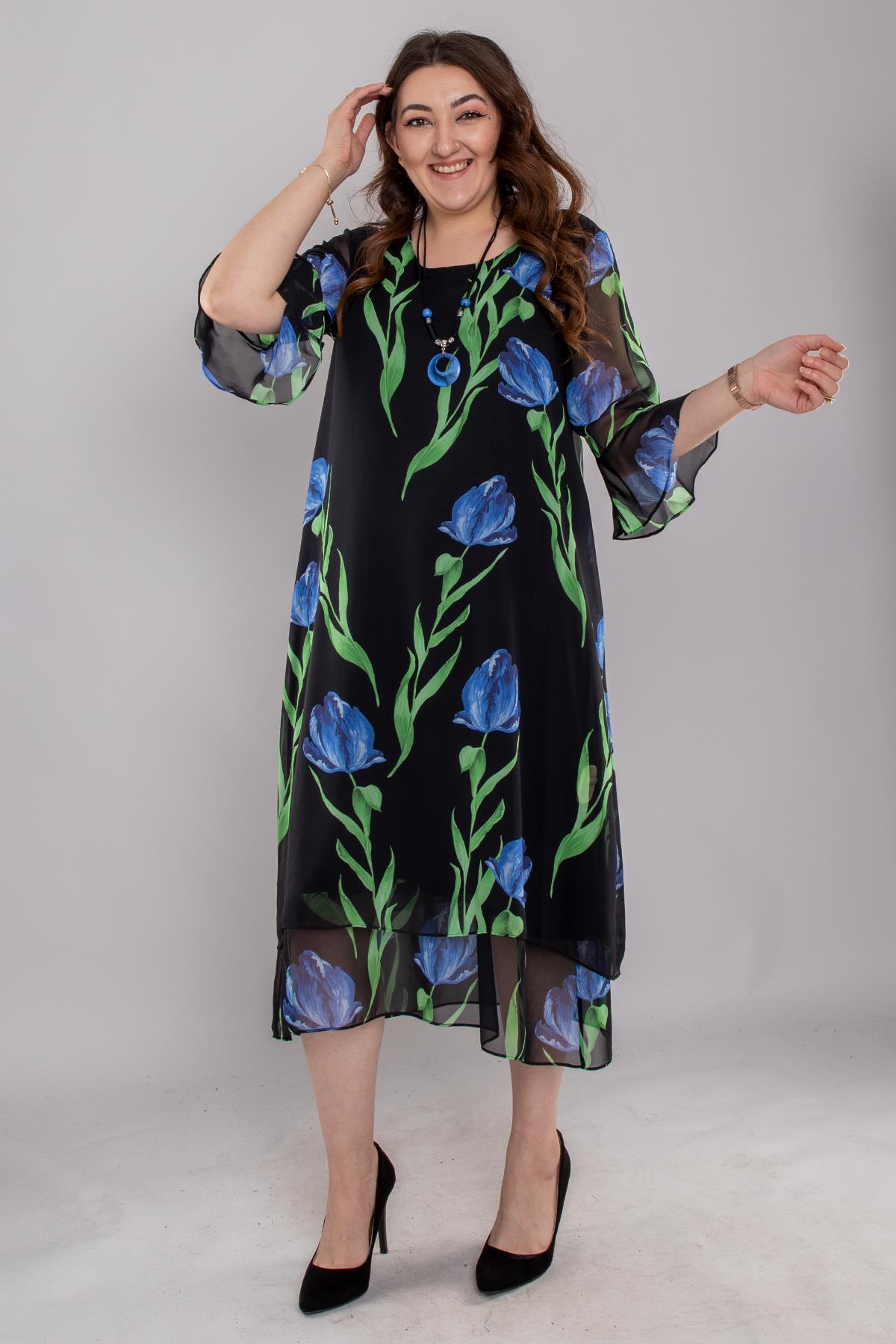 7099 Büyük Beden Lale Desen Tül Kol Kolyeli Şifon Kısa Elbise