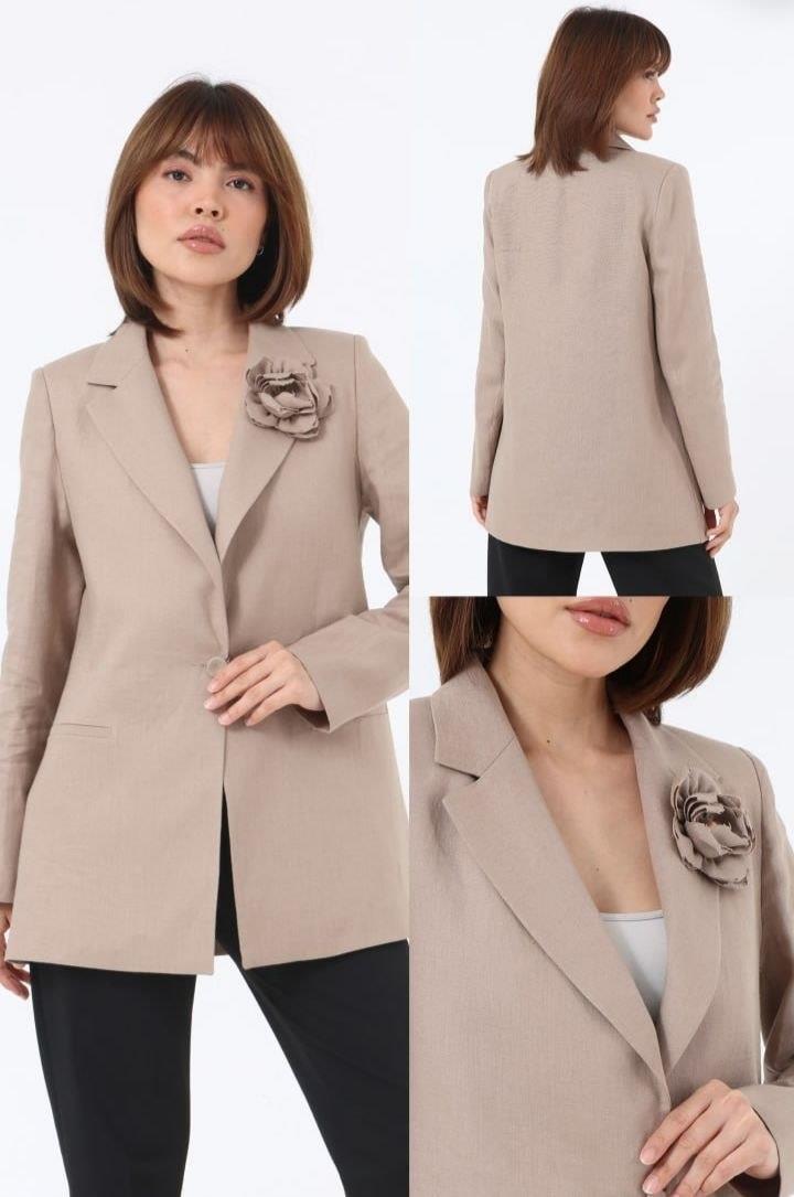 710 BKeten Gül Broşlu Tek Düğme Blazer Ceket