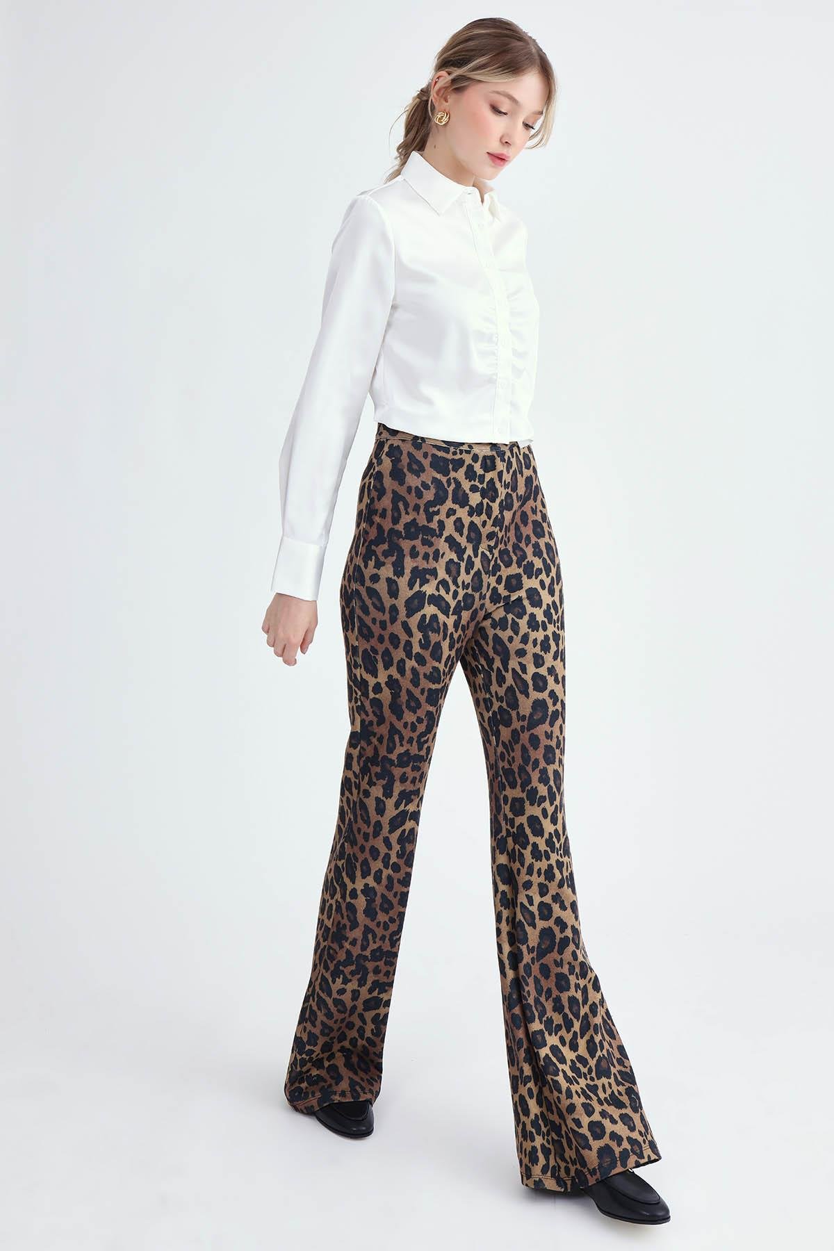 710 Leopar Desen İspanyol Paça Triko Pantolon