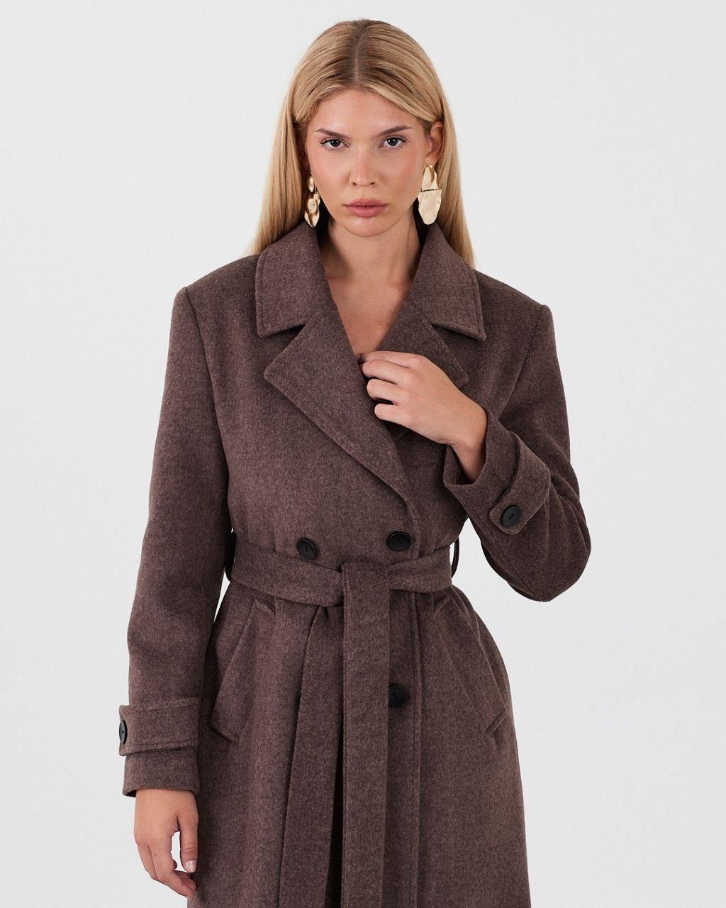 7103 Dört Düğme Kuşaklı Kol Apoletli Erkek Yaka Uzun Kaşe Kaban