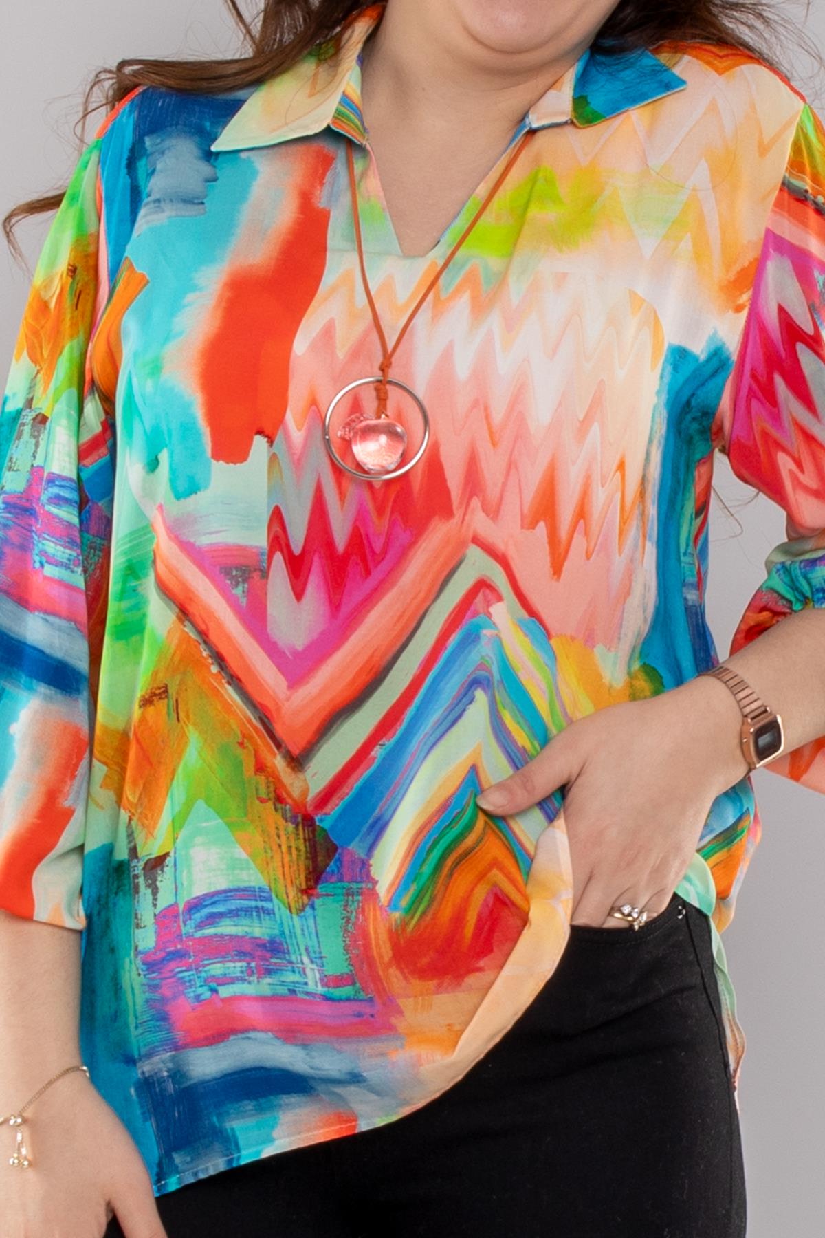 7111 Büyük Beden Kolyeli Vyaka Karışık Renkli Viscon Bluz