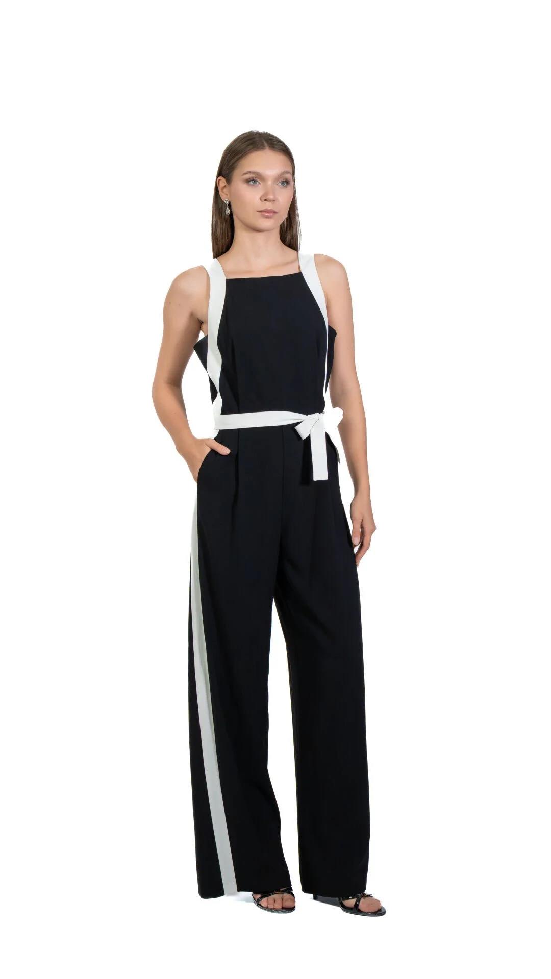 71220 Halter Yaka Krep Kuşaklı İki Renkli Tulum