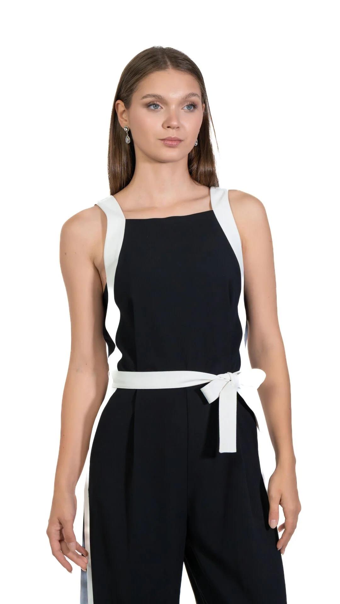 71220 Halter Yaka Krep Kuşaklı İki Renkli Tulum