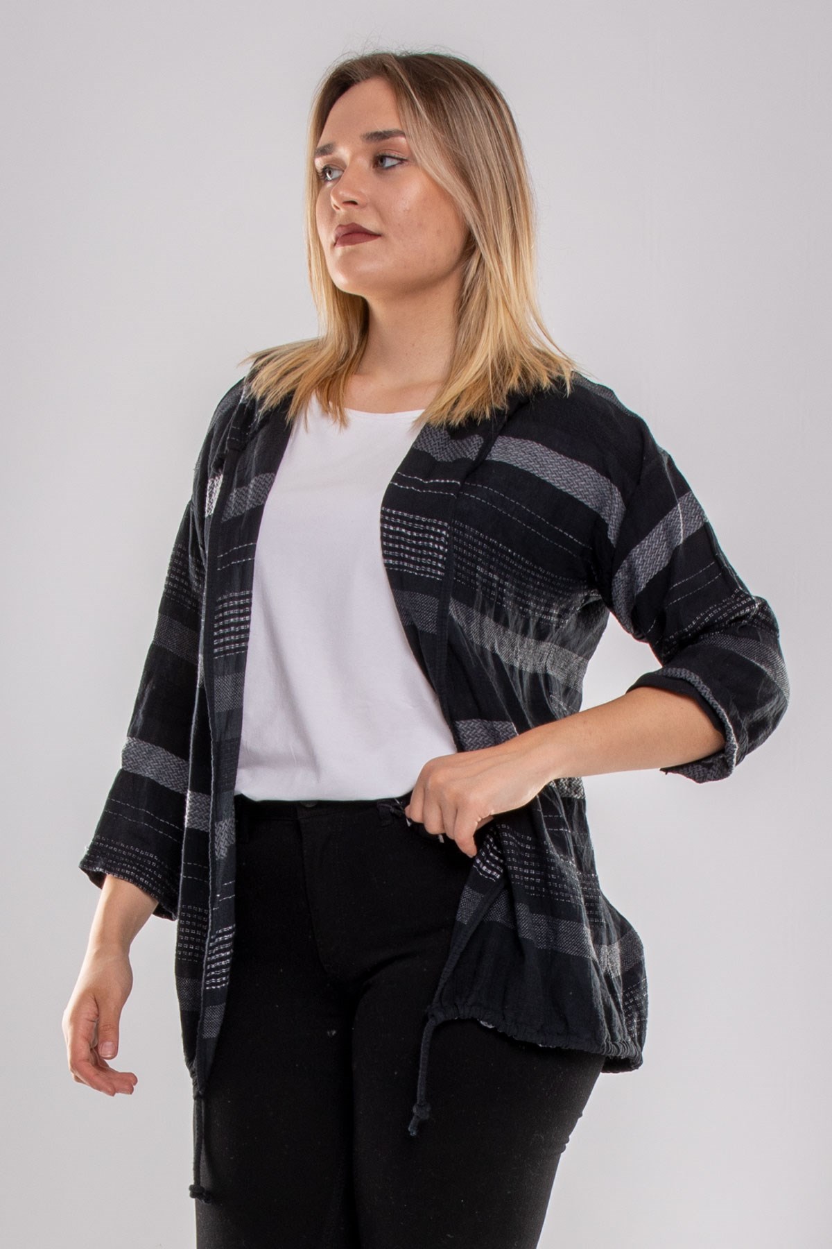 71352 Kapşonlu Kendinden Desenli Pamuk Keten Ceket