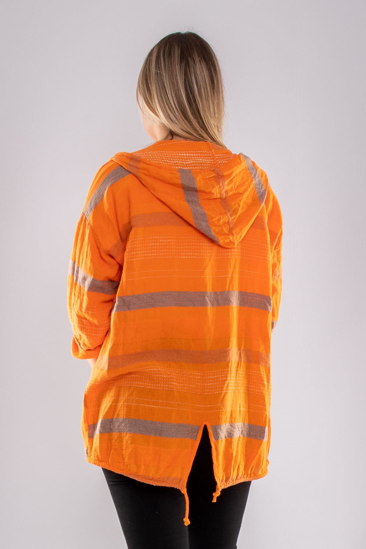 71352 Kapşonlu Kendinden Desenli Pamuk Keten Ceket