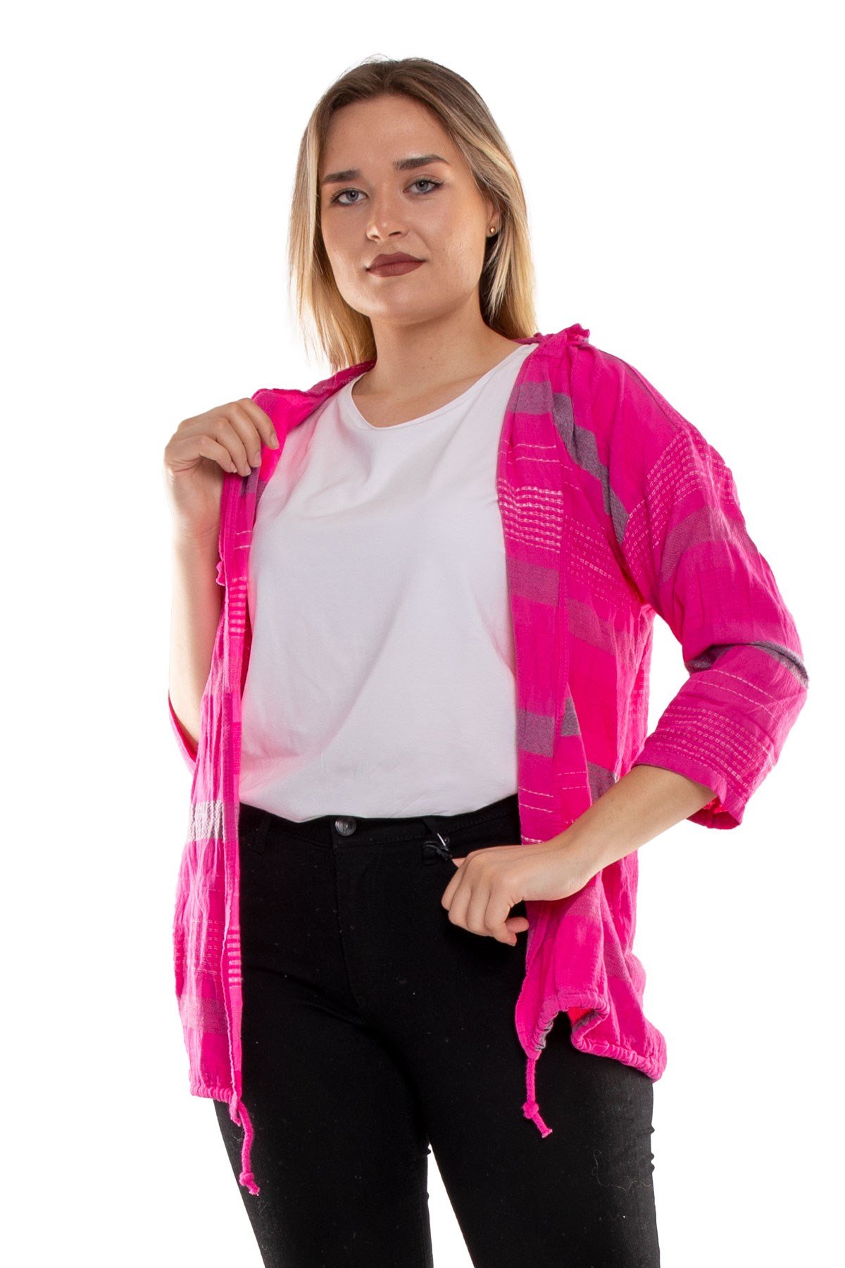 71352 Kapşonlu Kendinden Desenli Pamuk Keten Ceket