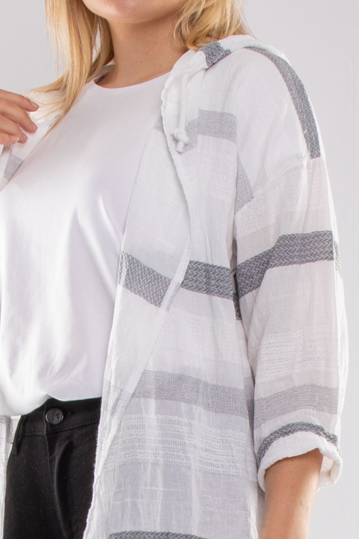 71352 Kapşonlu Kendinden Desenli Pamuk Keten Ceket