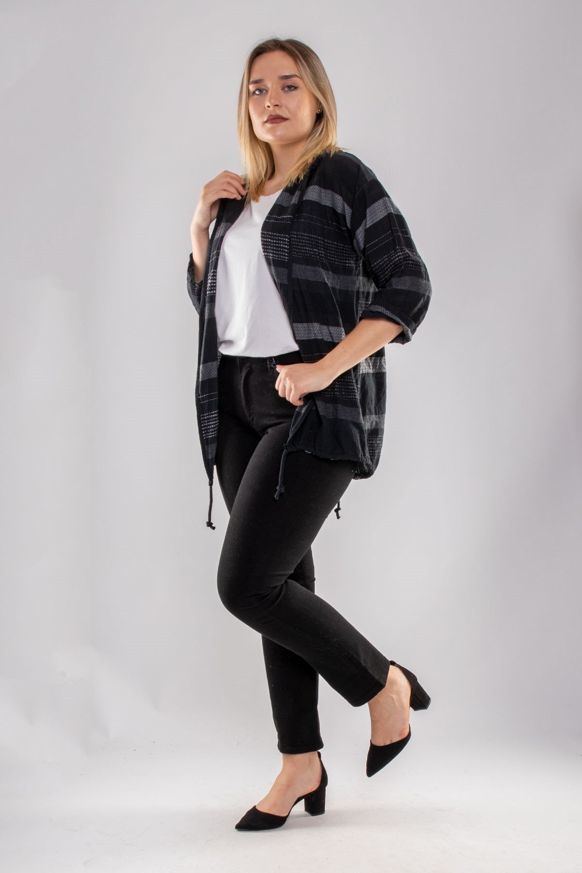 71352 Kapşonlu Kendinden Desenli Pamuk Keten Ceket