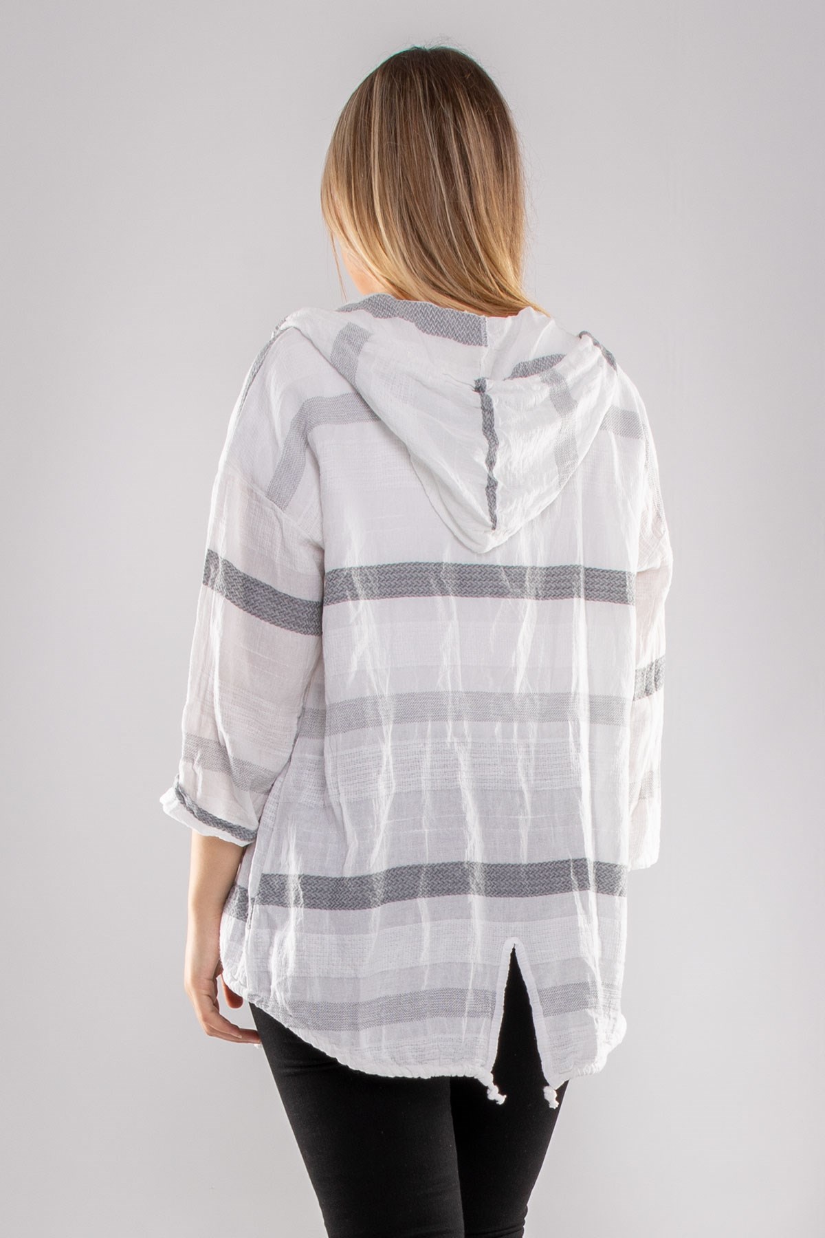 71352 Kapşonlu Kendinden Desenli Pamuk Keten Ceket