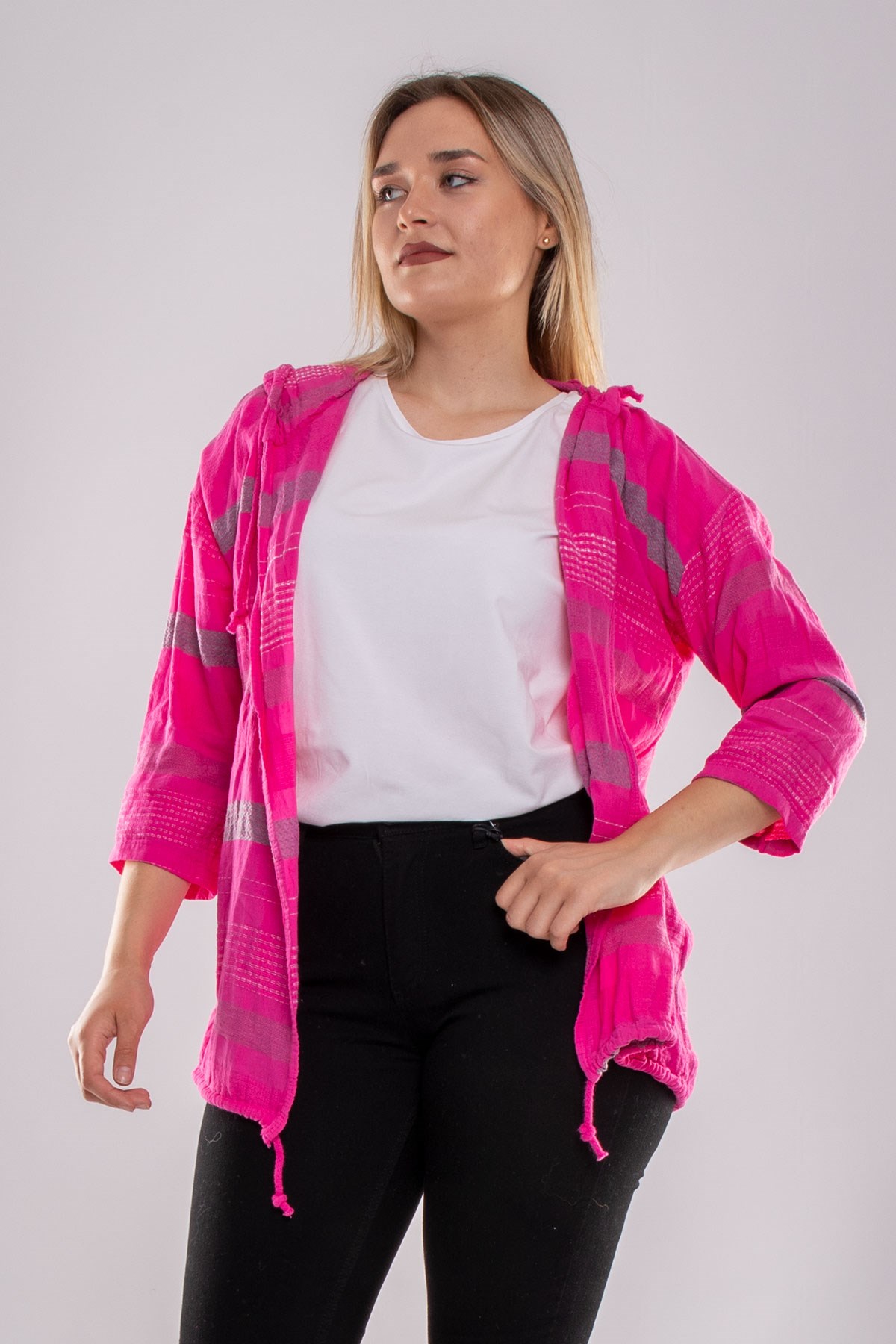 71352 Kapşonlu Kendinden Desenli Pamuk Keten Ceket