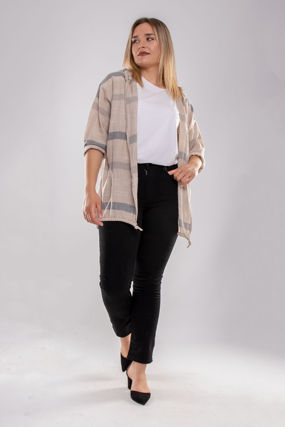 71352 Kapşonlu Kendinden Desenli Pamuk Keten Ceket