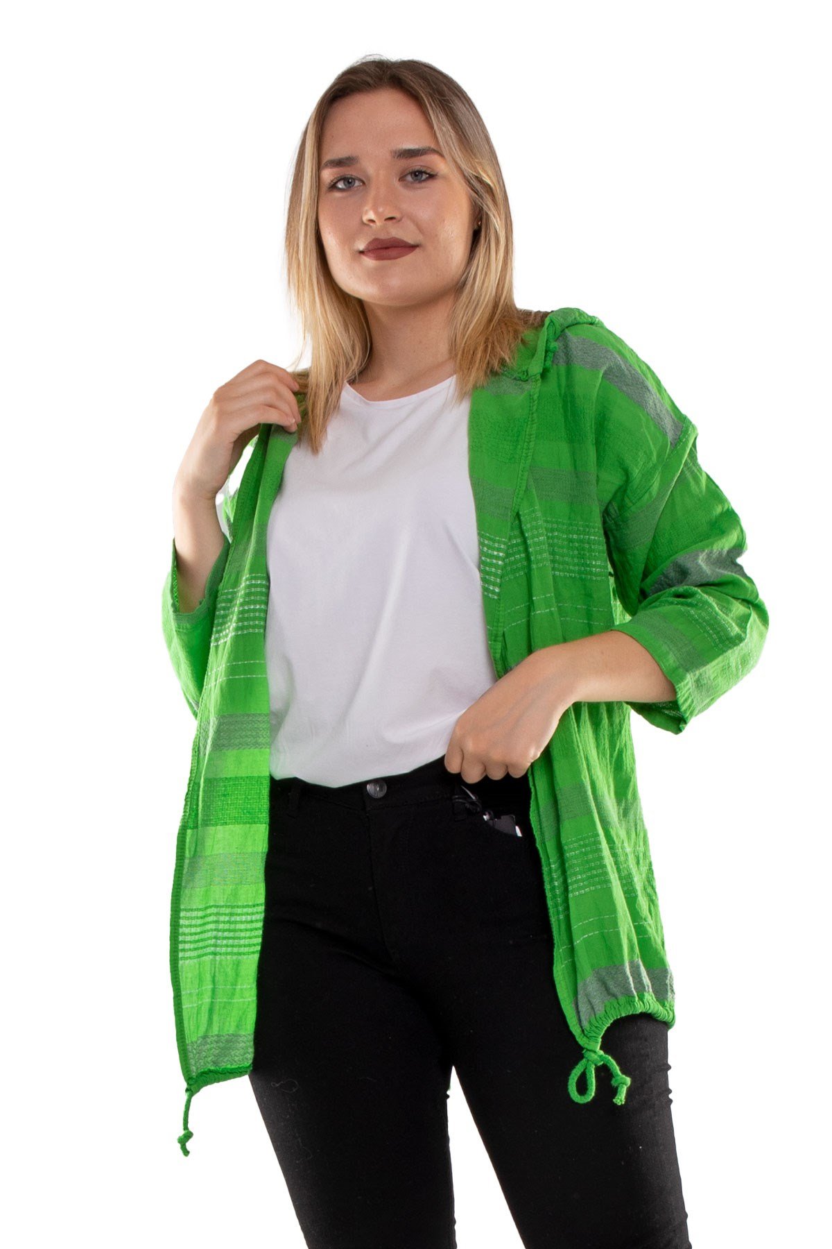 71352 Kapşonlu Kendinden Desenli Pamuk Keten Ceket