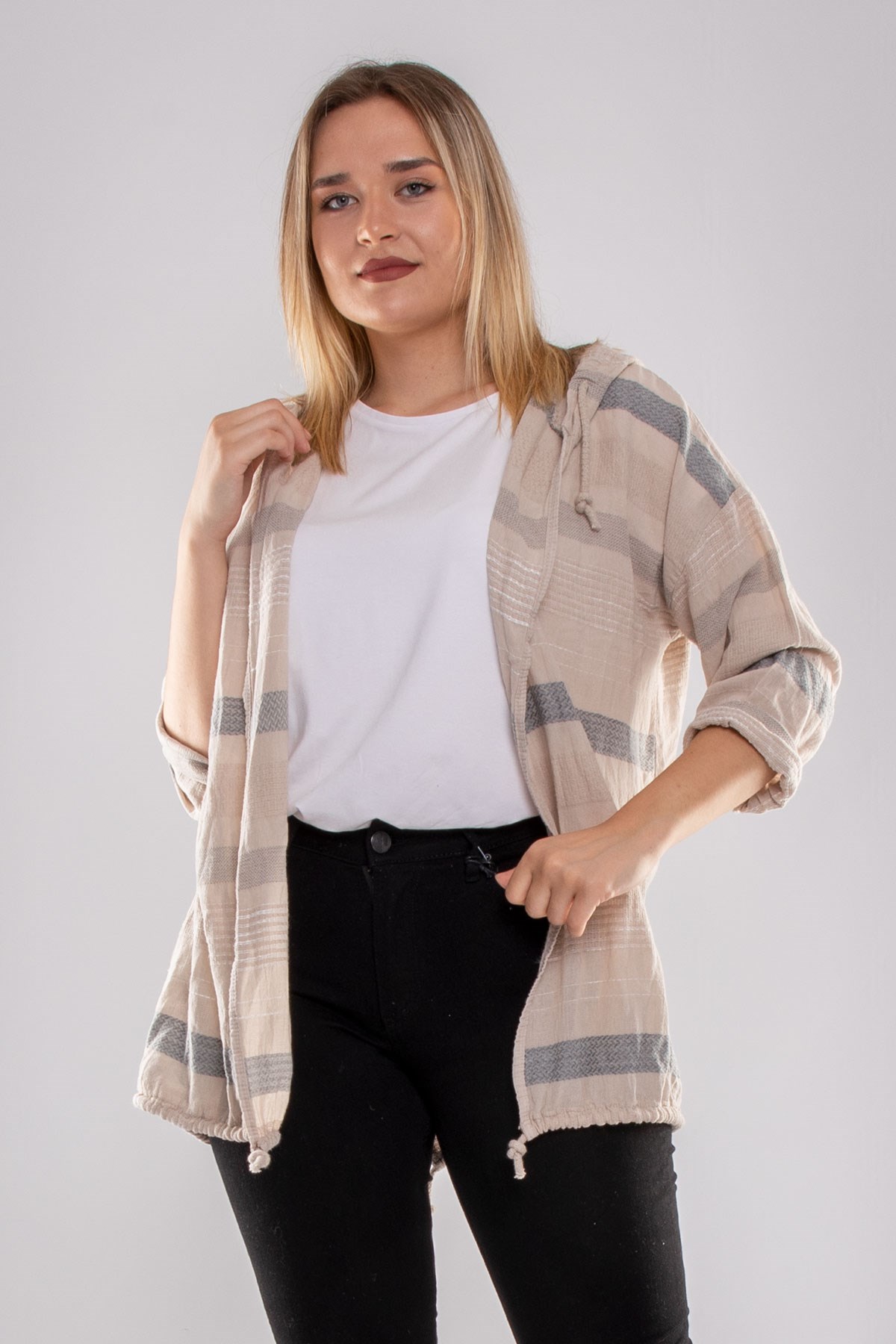 71352 Kapşonlu Kendinden Desenli Pamuk Keten Ceket