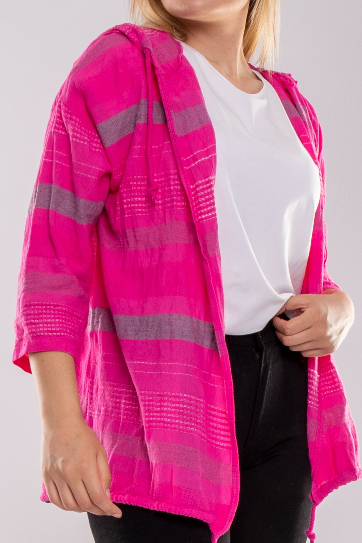 71352 Kapşonlu Kendinden Desenli Pamuk Keten Ceket