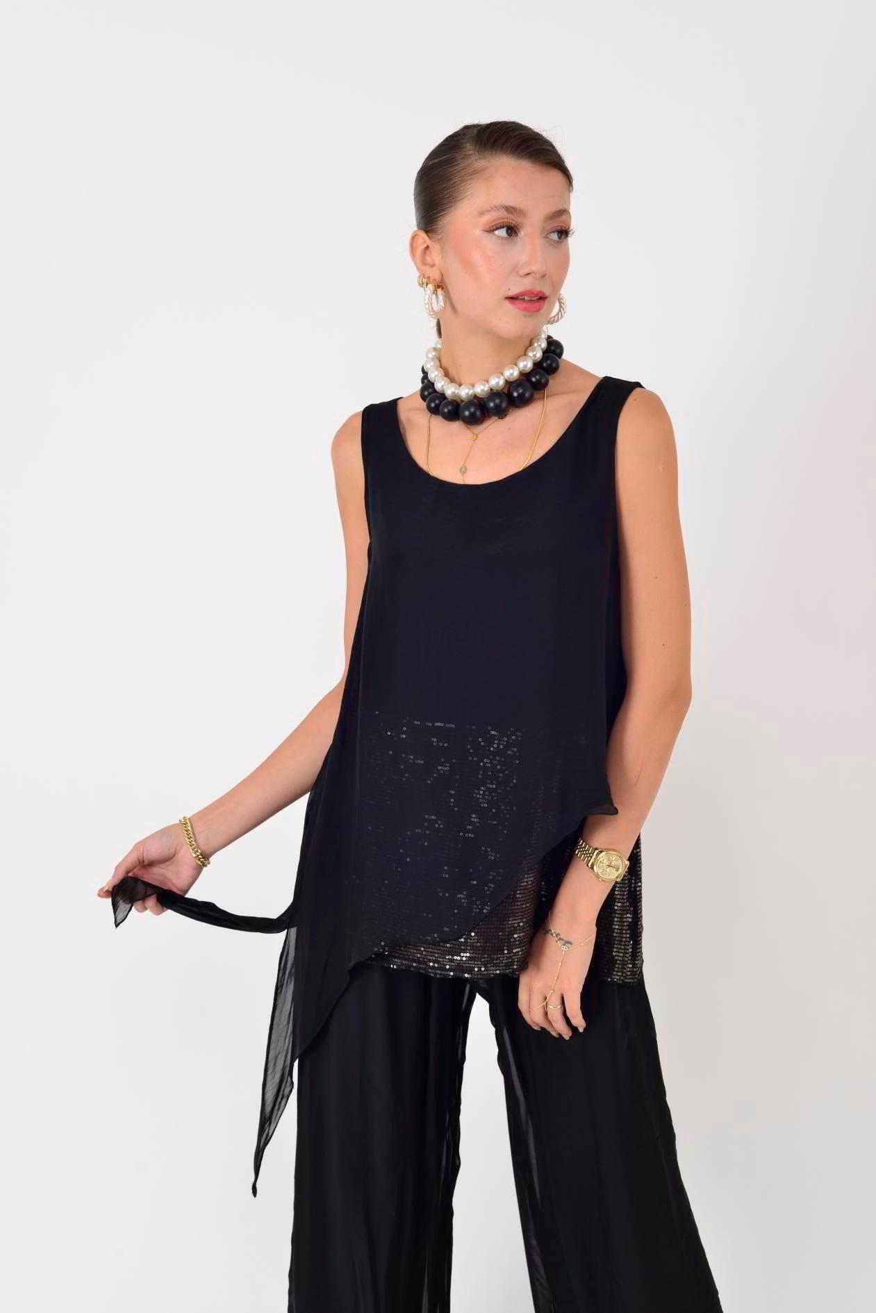 7161 Asimetrik Kesim Kolsuz Pullu İpek Bluz