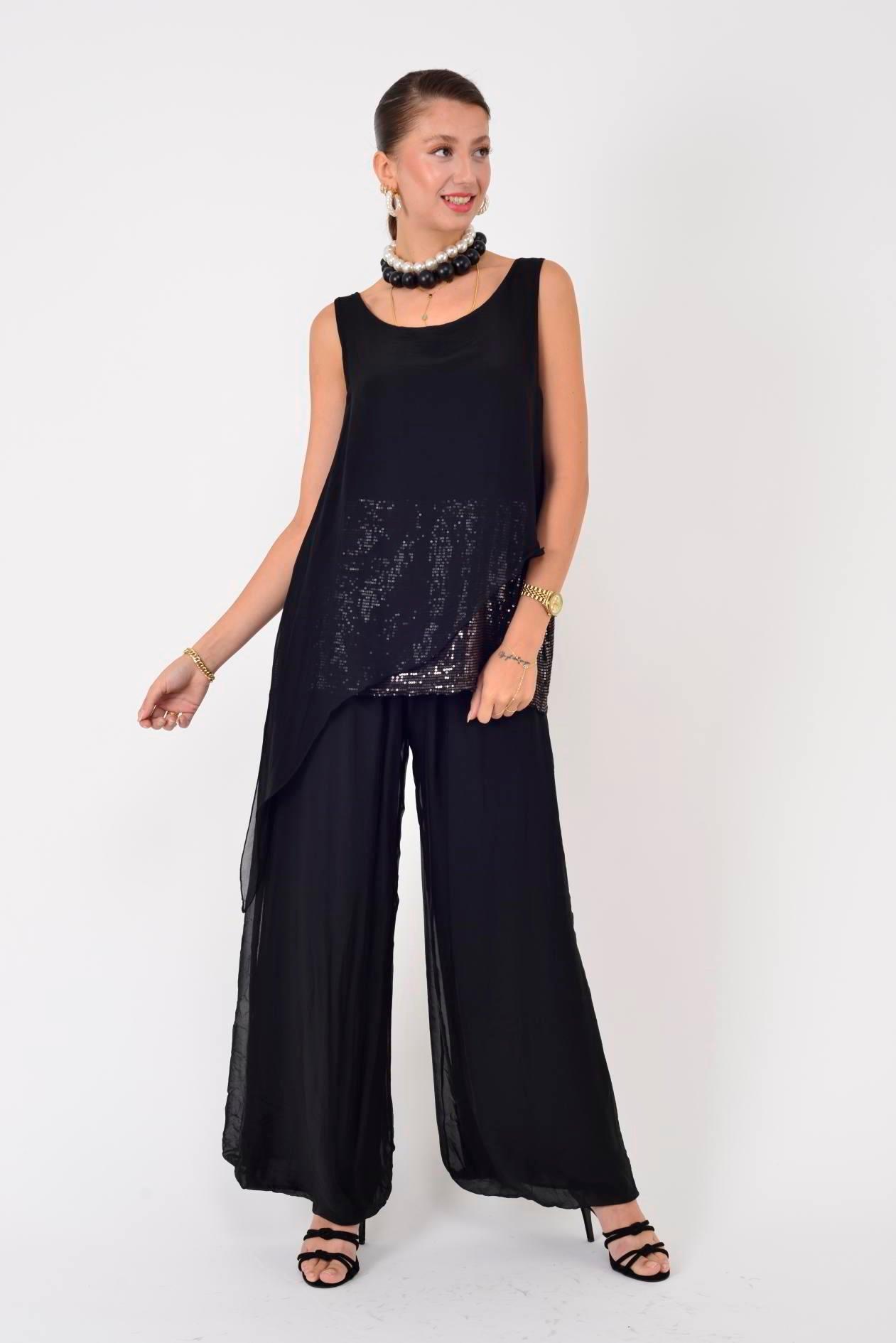 7161 Asimetrik Kesim Kolsuz Pullu İpek Bluz