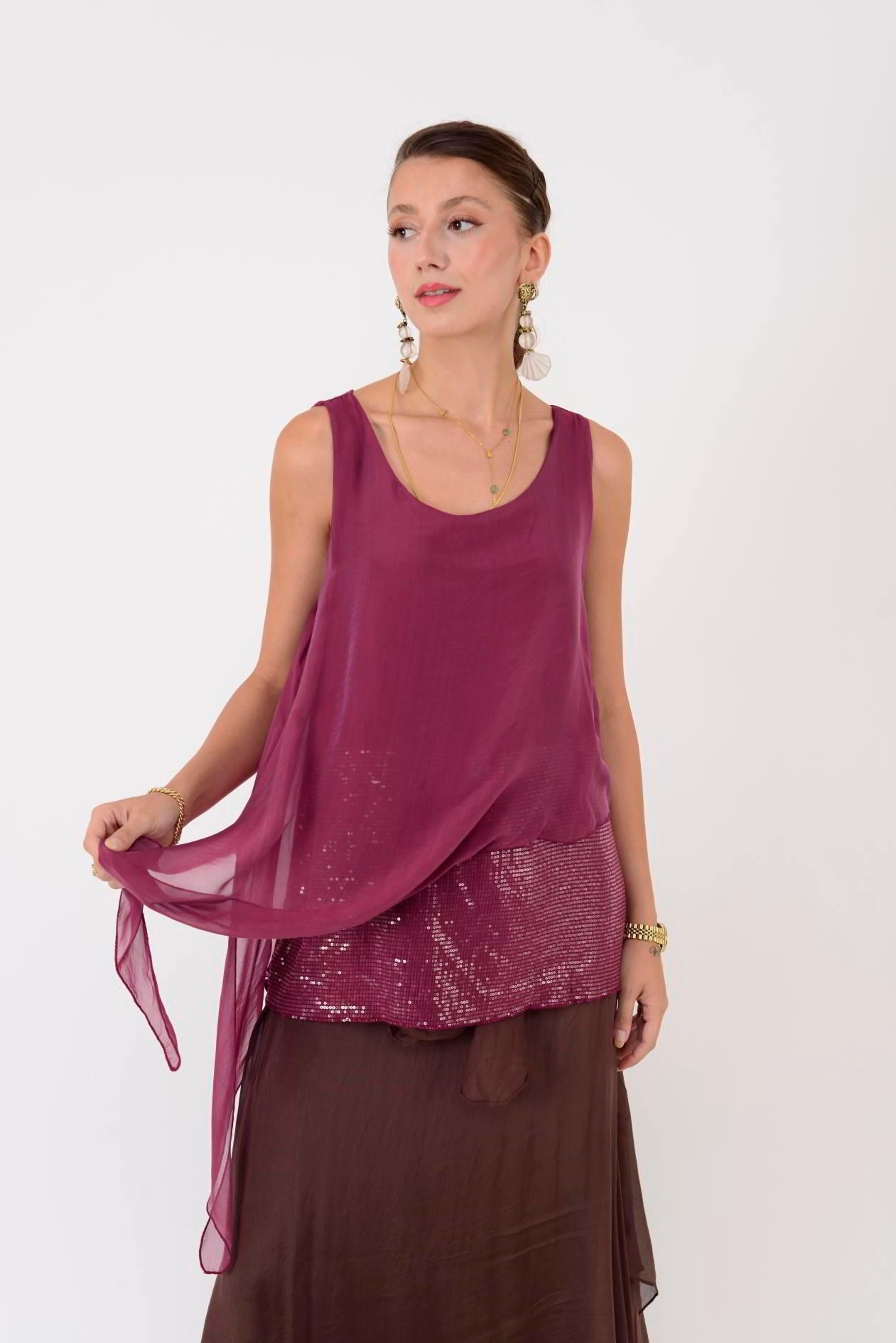 7161 Asimetrik Kesim Kolsuz Pullu İpek Bluz