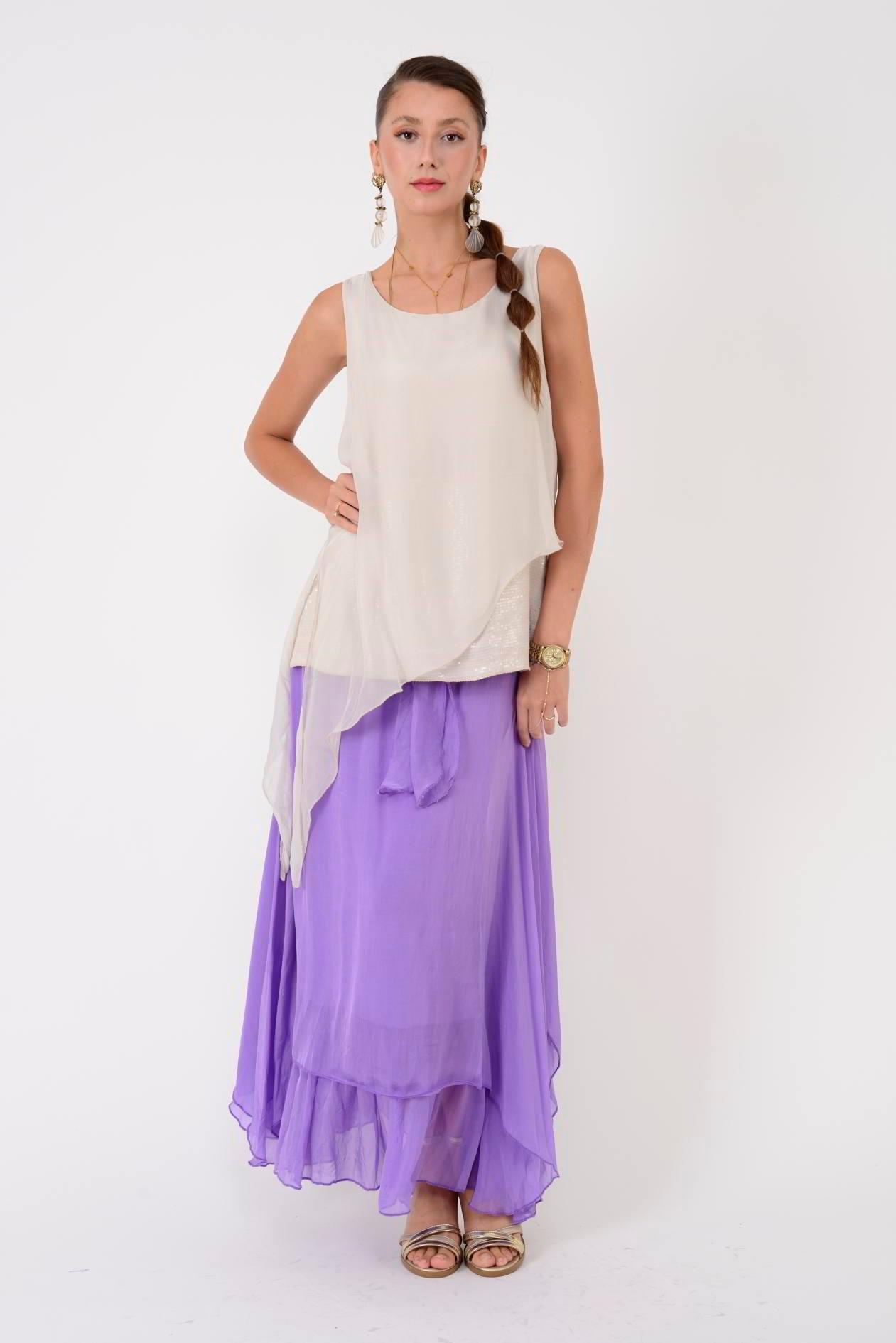 7161 Asimetrik Kesim Kolsuz Pullu İpek Bluz