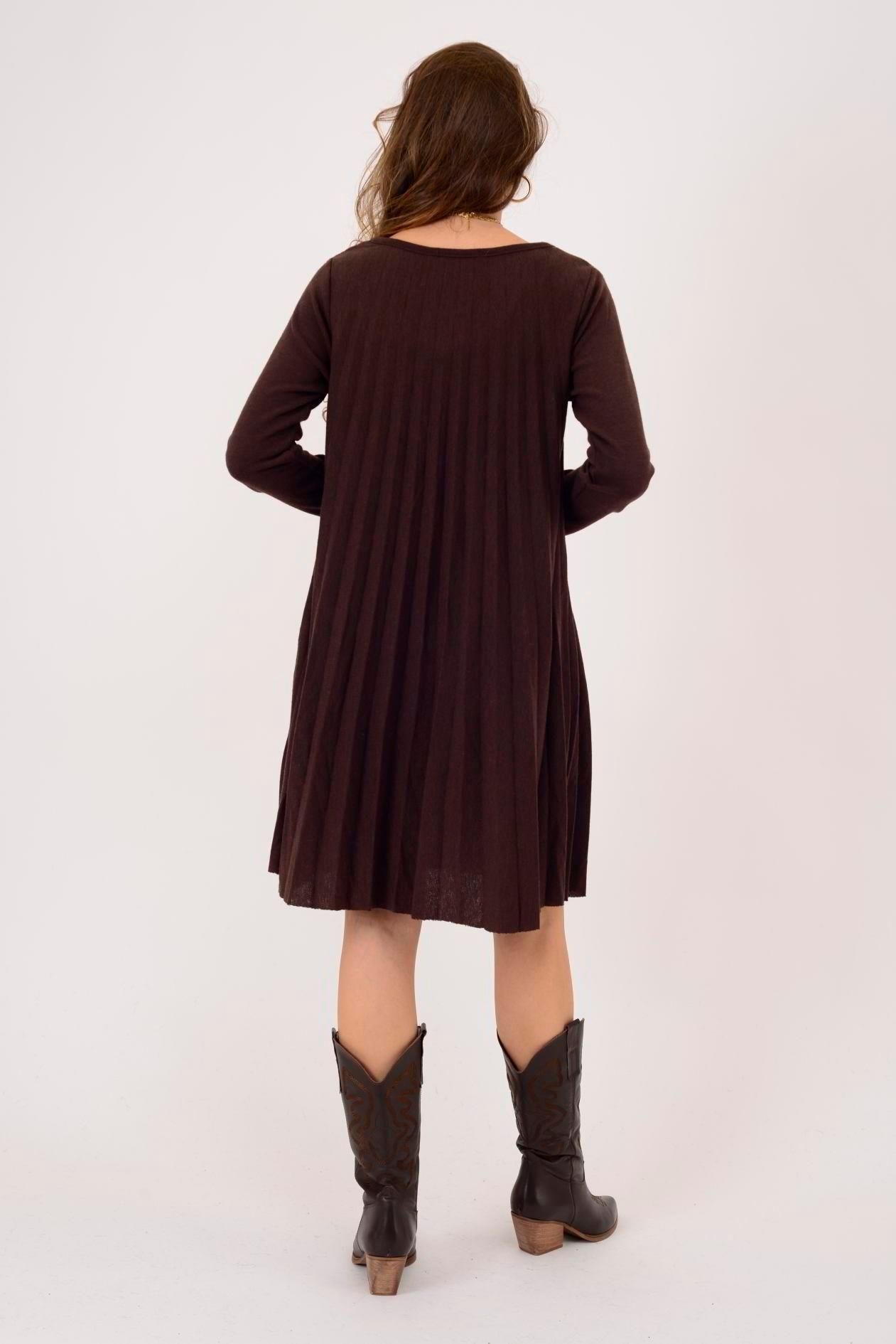 71653 Düz Desen Kolyeli Akordion Uzun Kol Triko Kısa Elbise