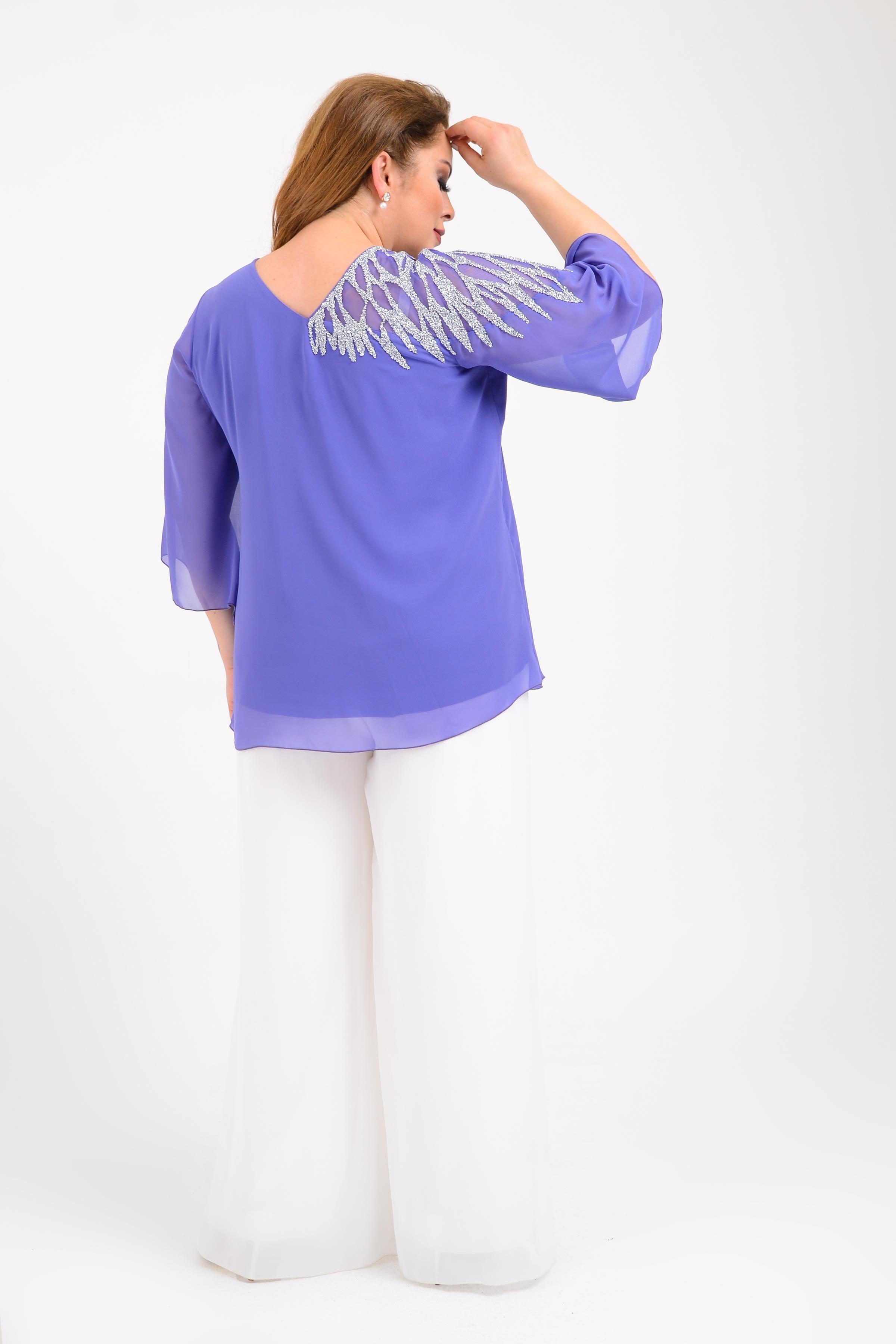 719 Büyük Beden Vyaka Omuz Taş İşleme Şifon Astarlı Bluz