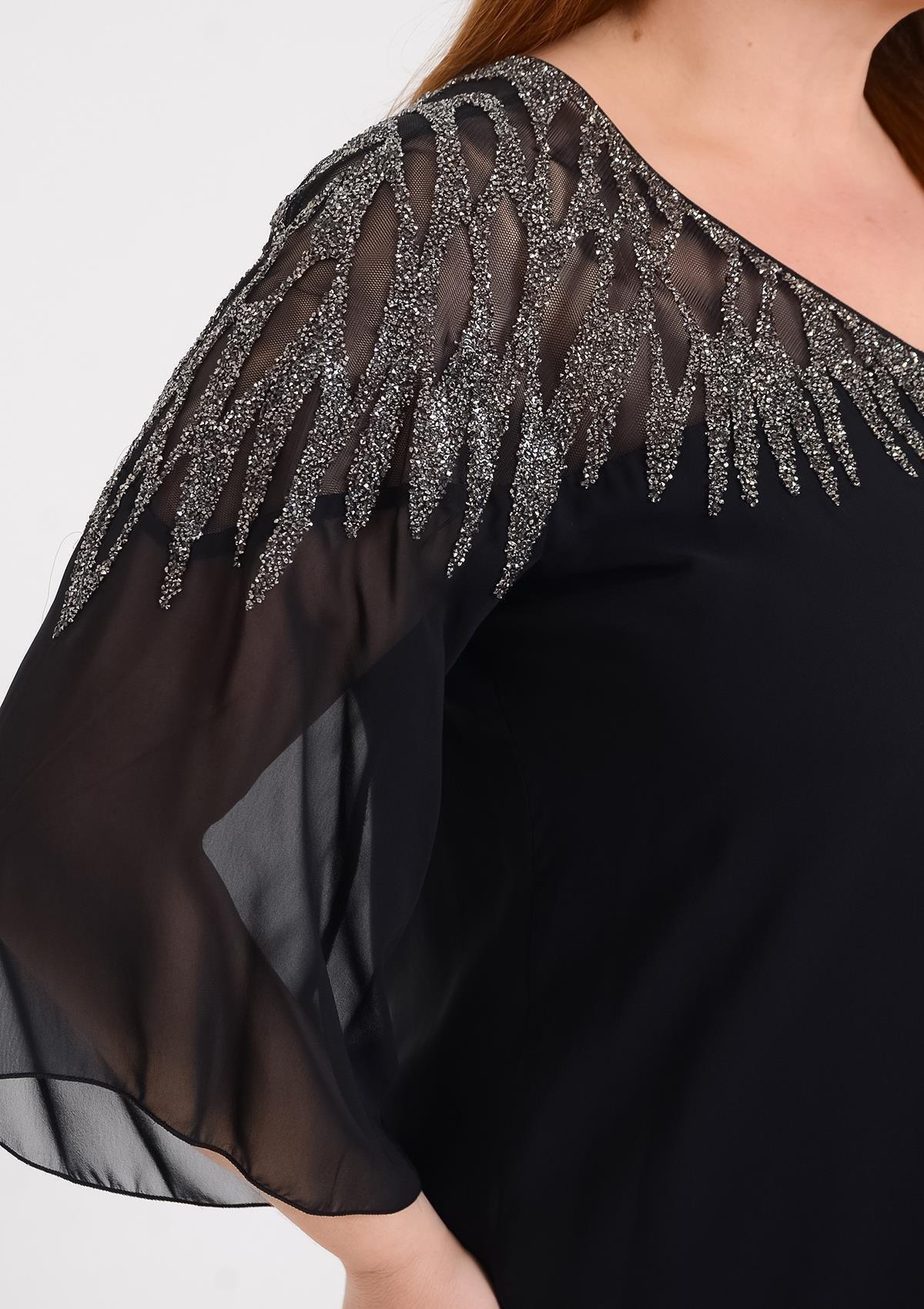 719 Büyük Beden Vyaka Omuz Taş İşleme Şifon Astarlı Bluz