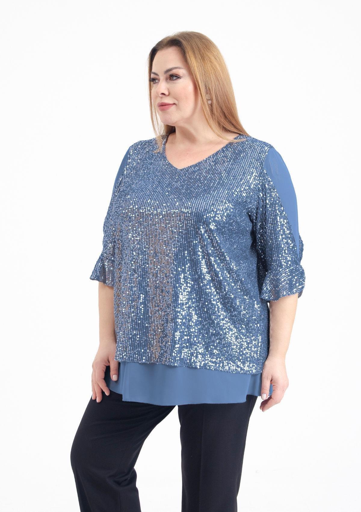 720 Büyük Beden Vyaka Pulpayet Tül Detaylı Astarlı Bluz