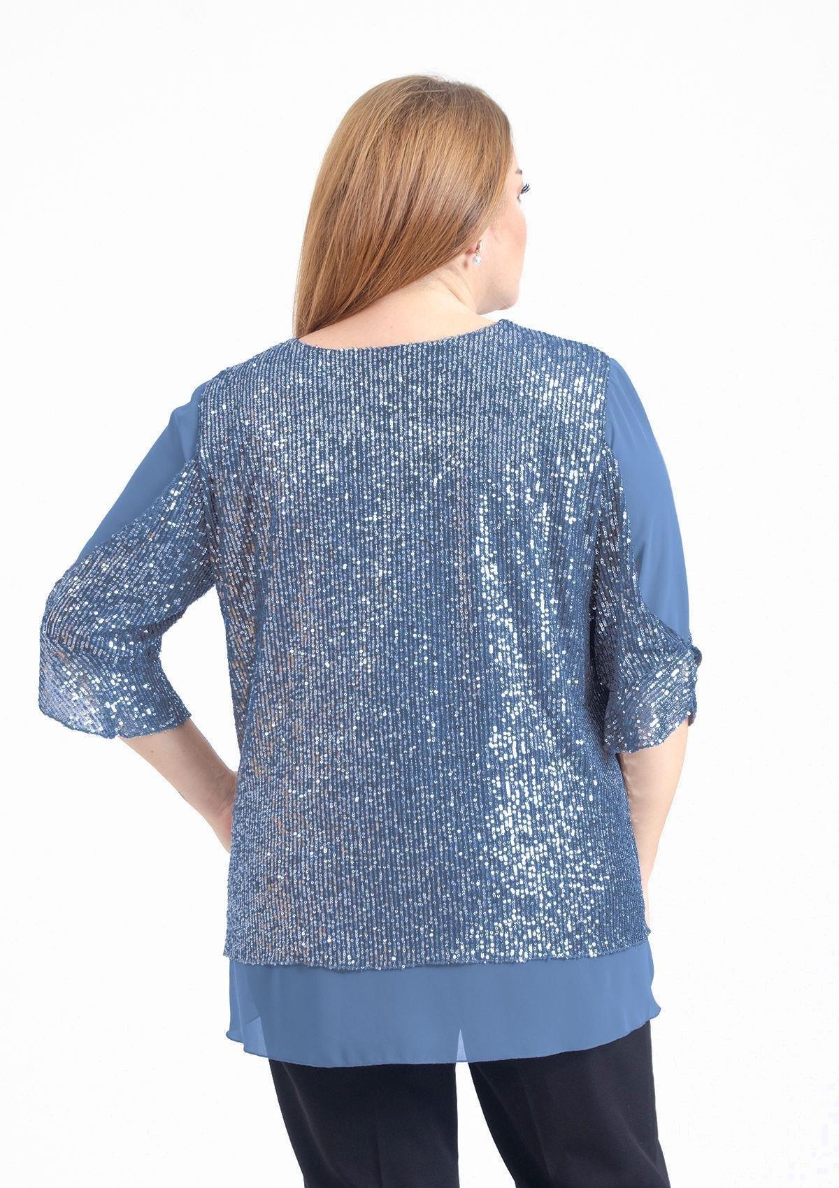 720 Büyük Beden Vyaka Pulpayet Tül Detaylı Astarlı Bluz