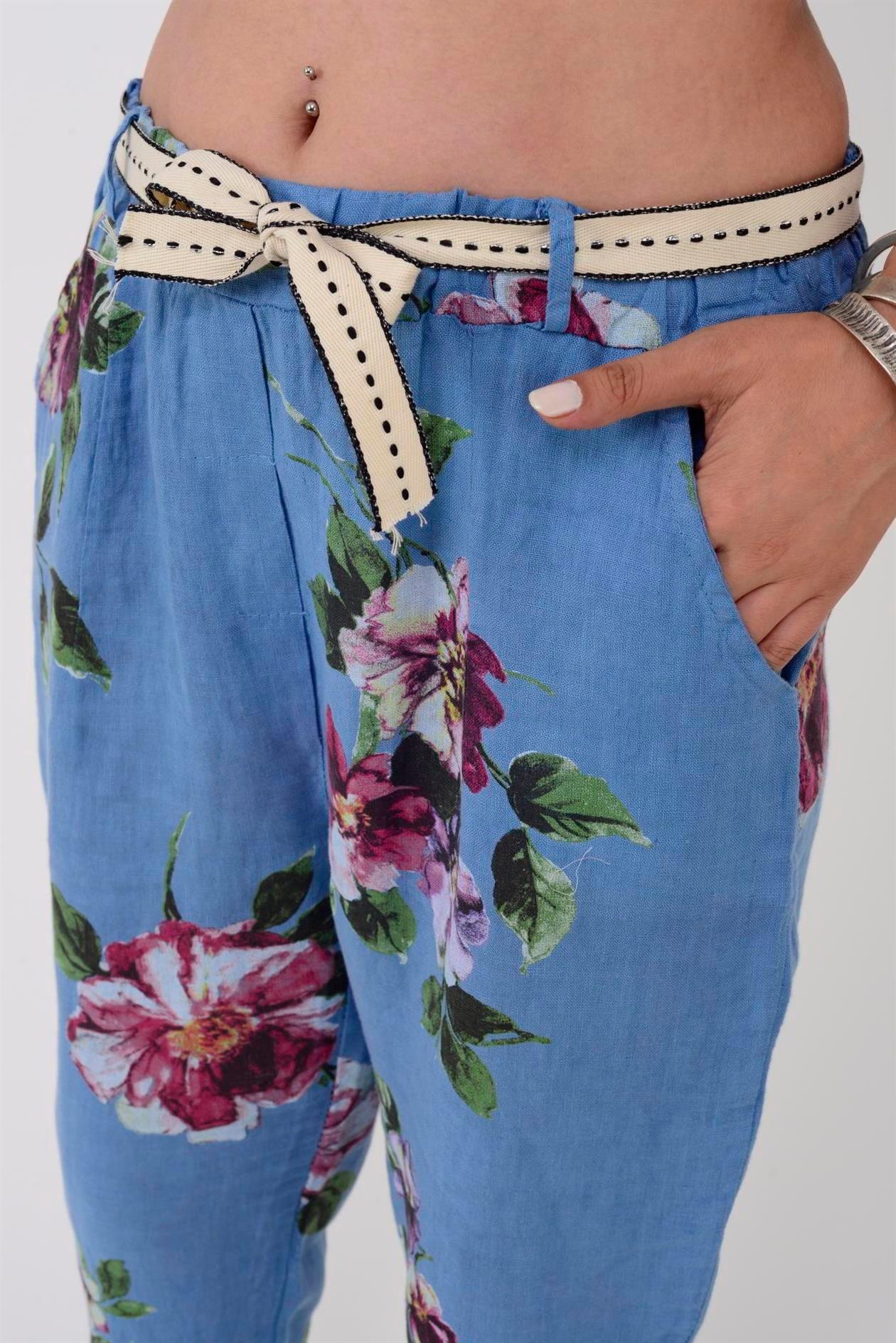 7232 Çiçek Desen Kemerli Keten Pantolon