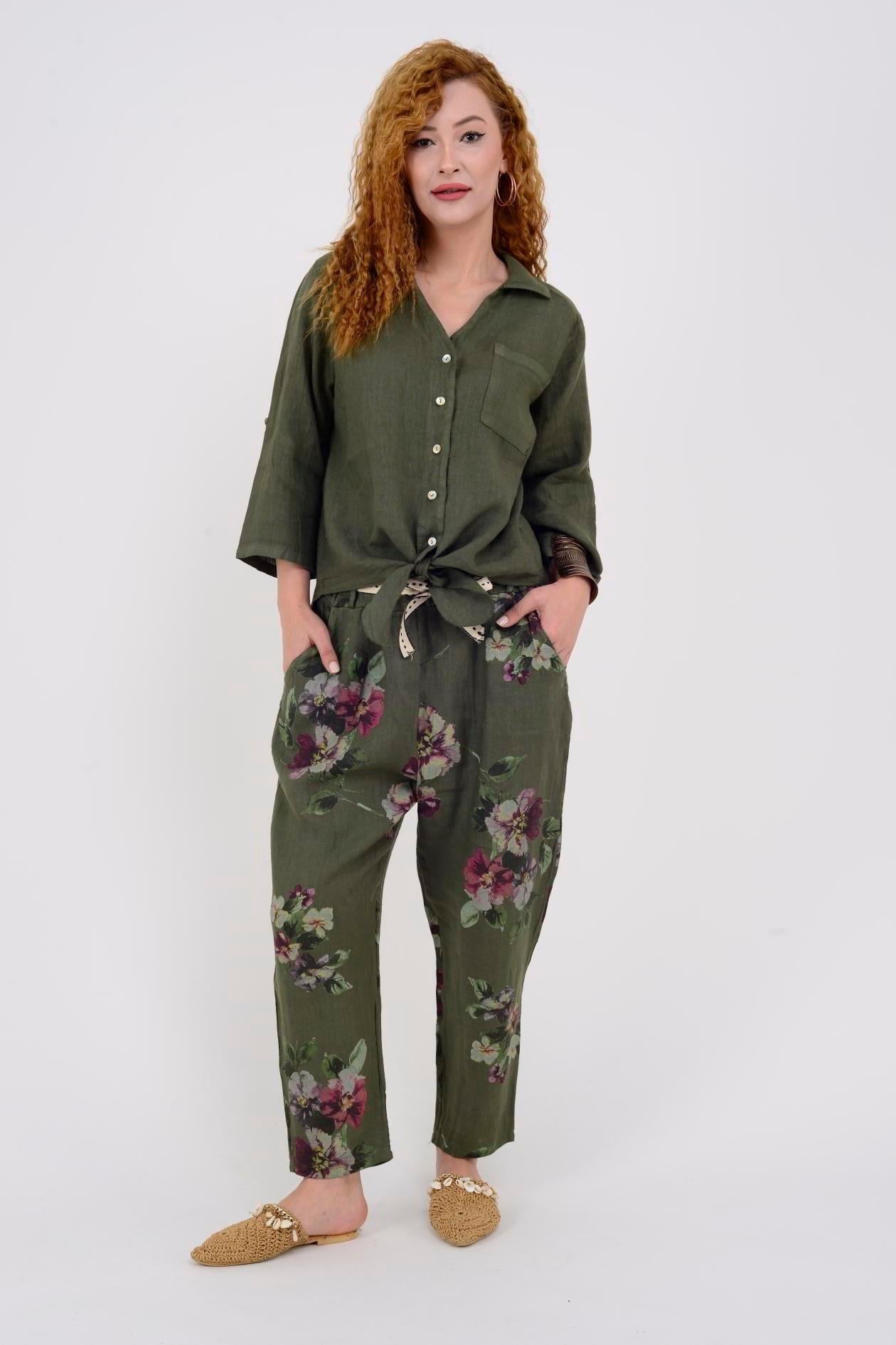 7232 Çiçek Desen Kemerli Keten Pantolon