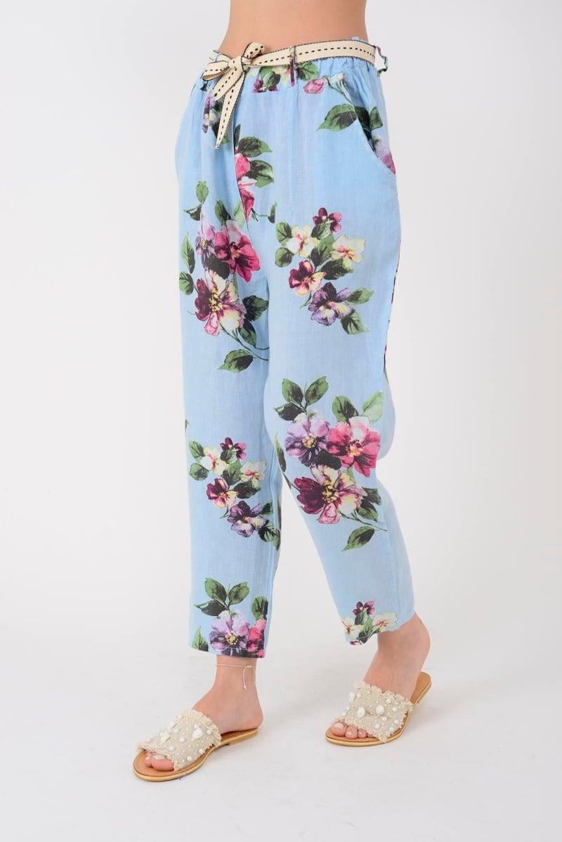 7232 Çiçek Desen Kemerli Keten Pantolon