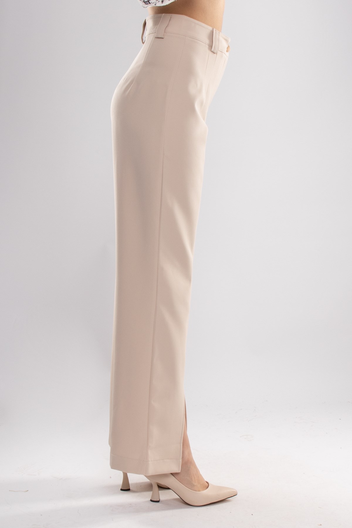 7258 Çımalı Yüksek Bel Paça Yırtmaçlı Atlas Kumaş Kadın Pantolon