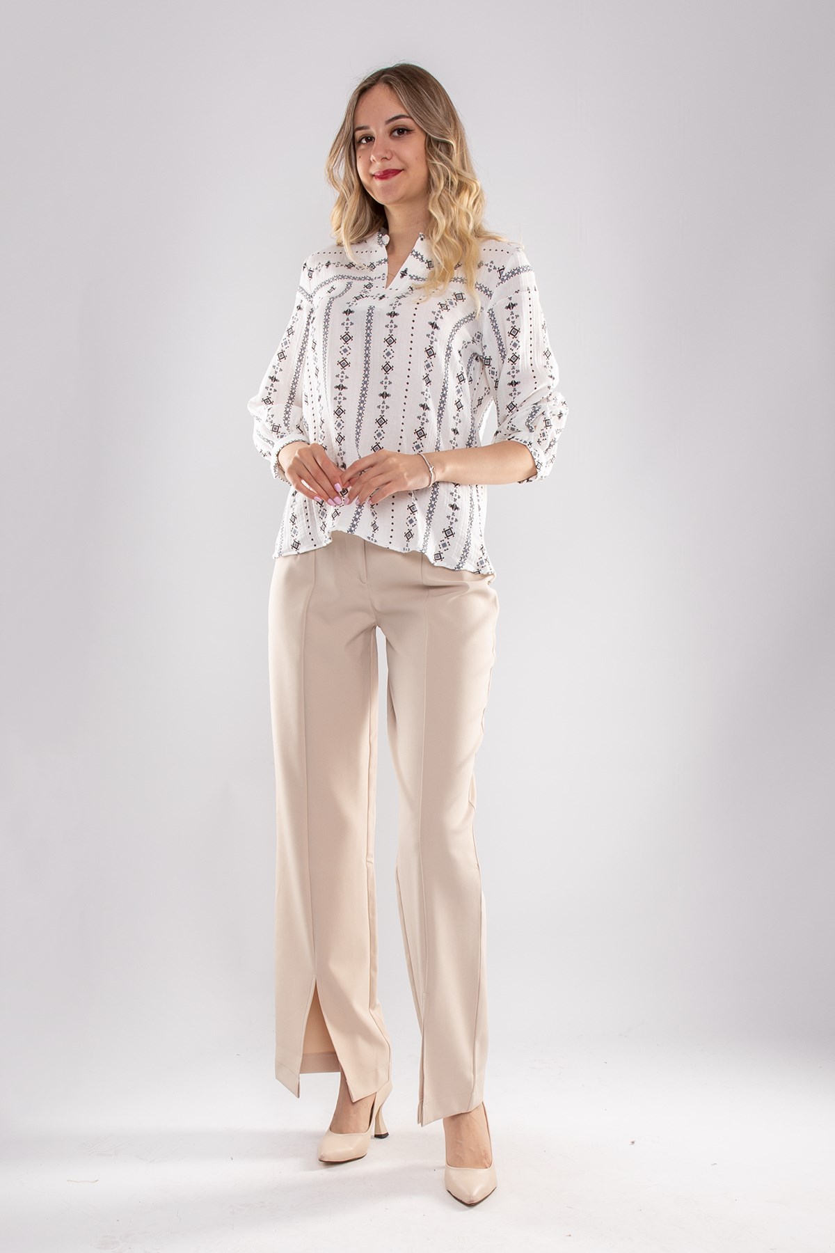 7258 Çımalı Yüksek Bel Paça Yırtmaçlı Atlas Kumaş Kadın Pantolon