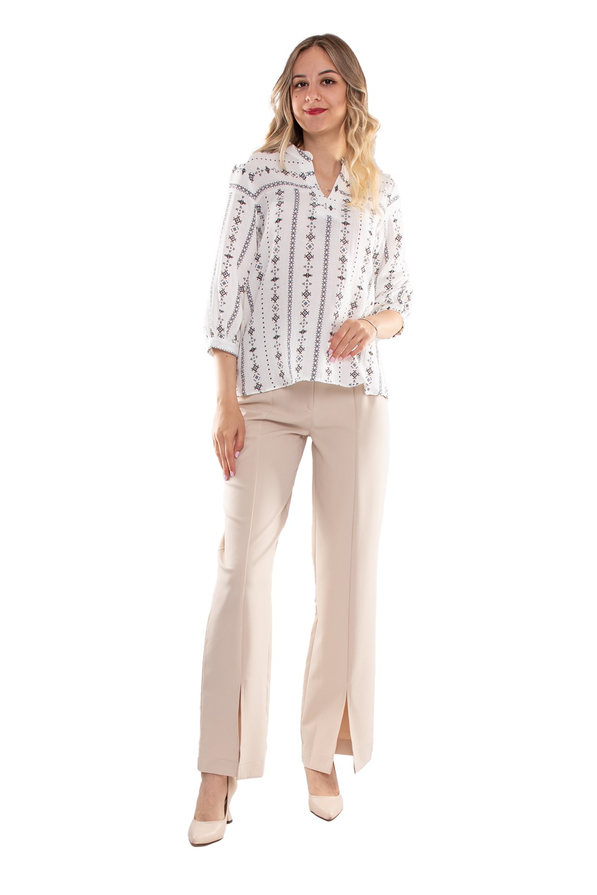 7258 Çımalı Yüksek Bel Paça Yırtmaçlı Atlas Kumaş Kadın Pantolon