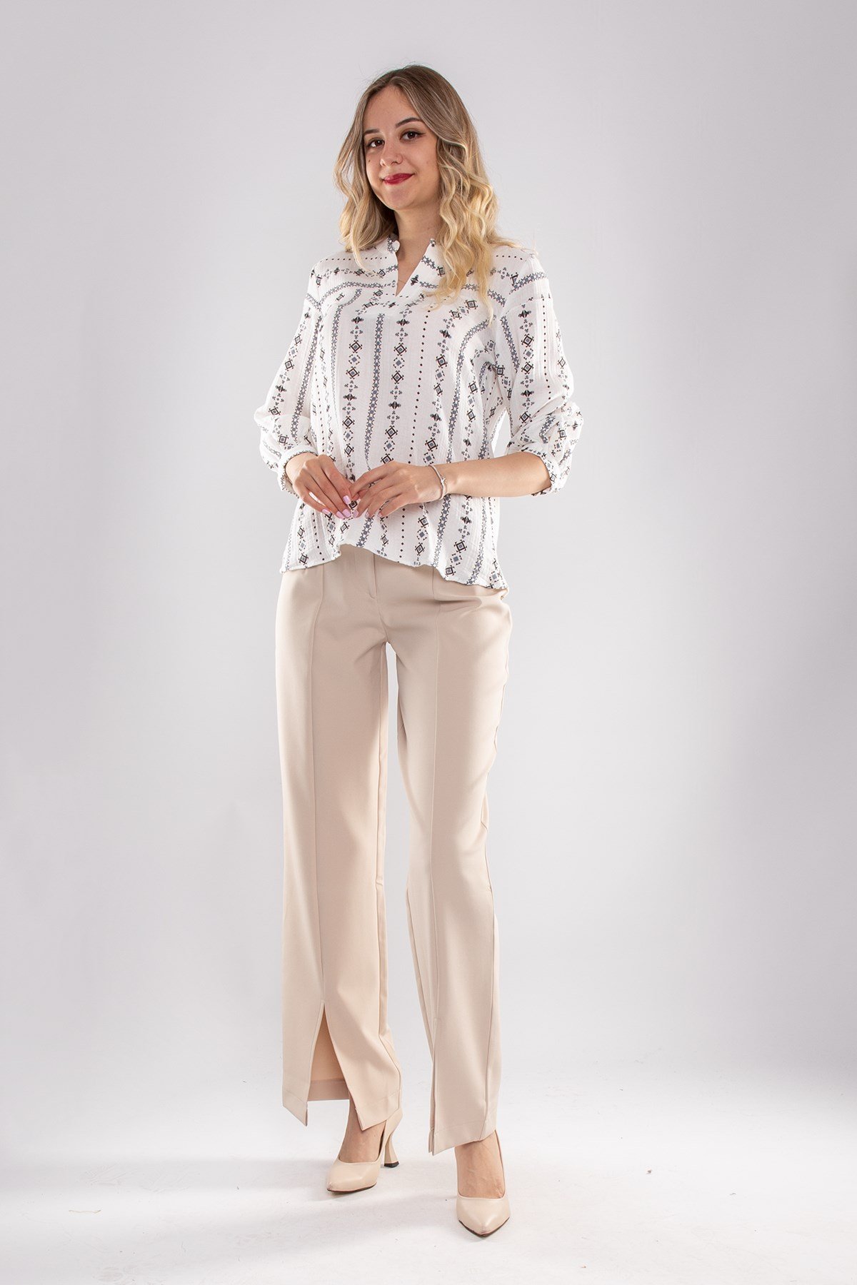 7258 Çımalı Yüksek Bel Paça Yırtmaçlı Atlas Kumaş Kadın Pantolon