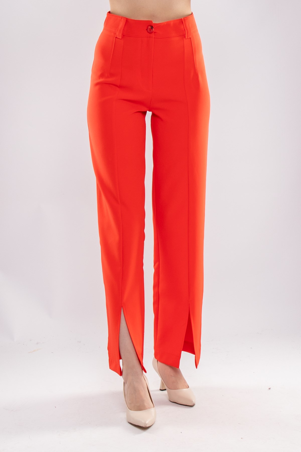 7258 Çımalı Yüksek Bel Paça Yırtmaçlı Atlas Kumaş Kadın Pantolon