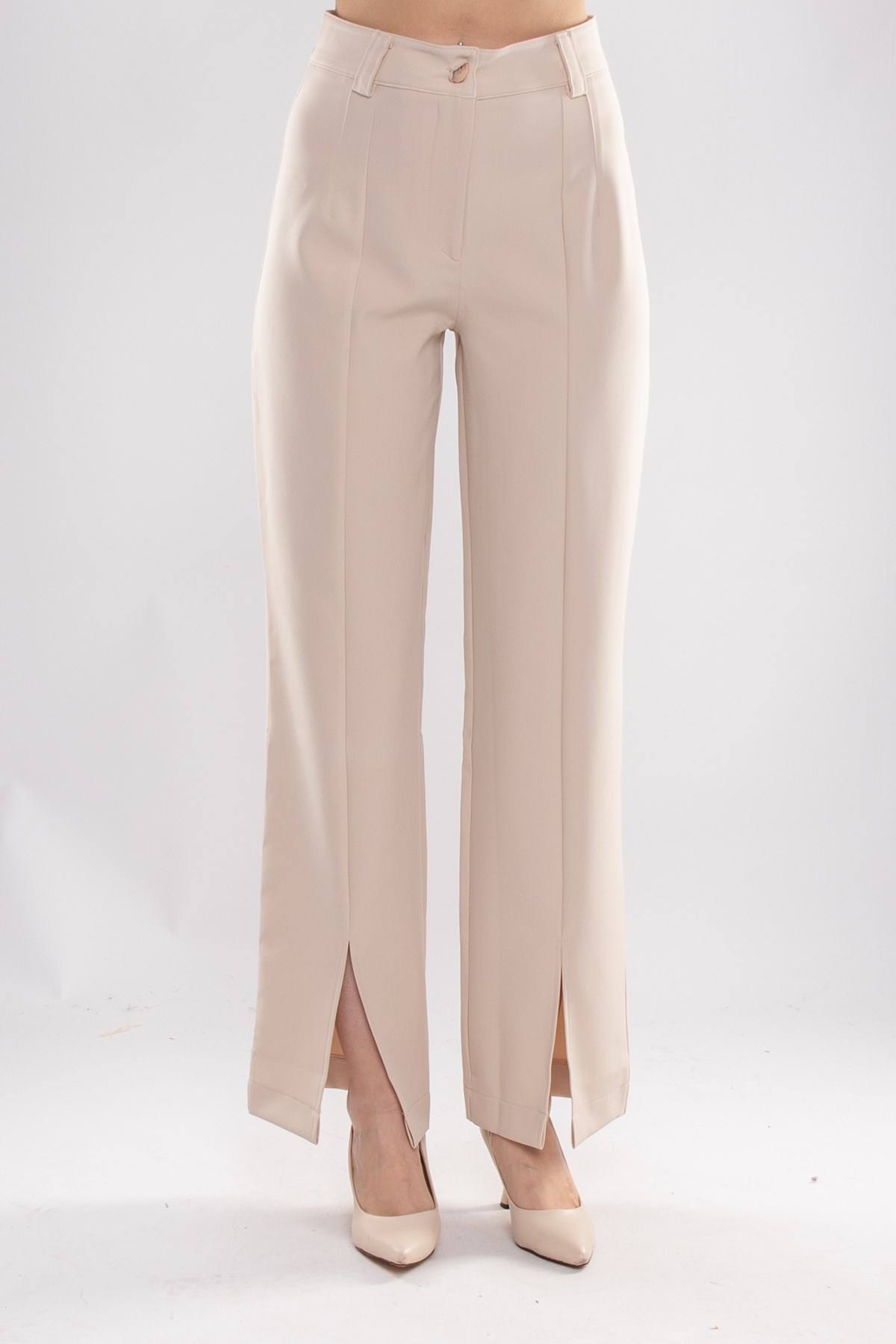 7258 Çımalı Yüksek Bel Paça Yırtmaçlı Atlas Kumaş Kadın Pantolon