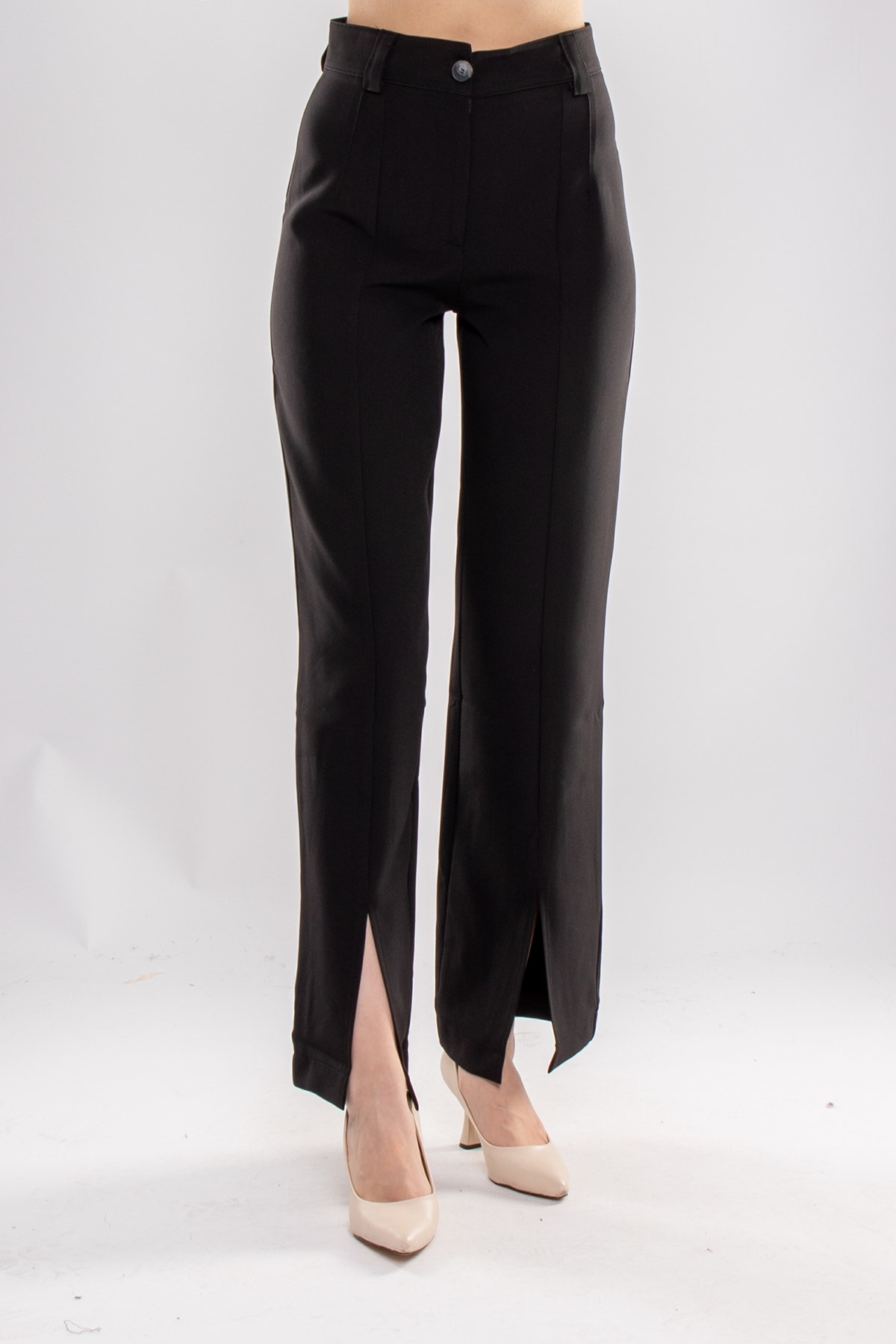 7258 Çımalı Yüksek Bel Paça Yırtmaçlı Atlas Kumaş Kadın Pantolon