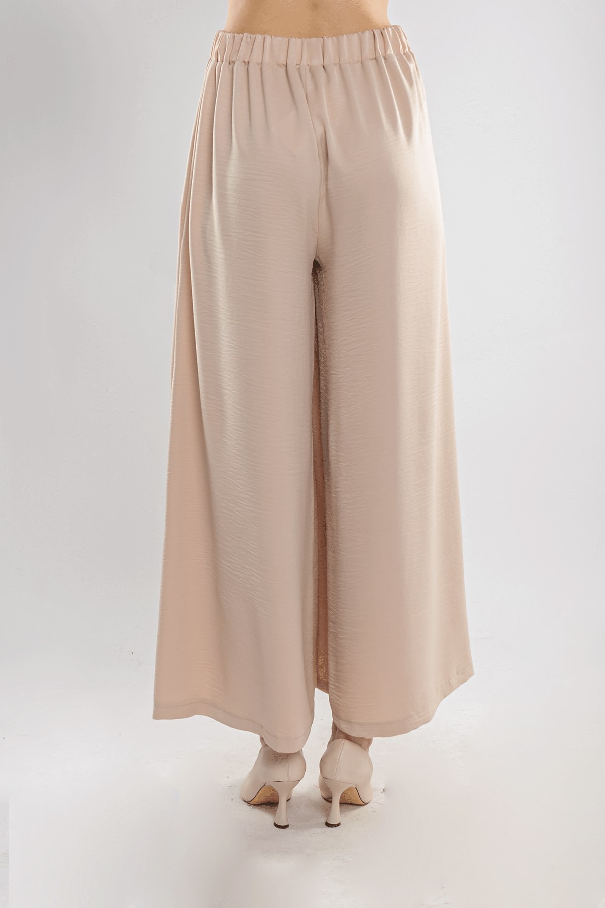 7265 Beli Lastikli Bol Paça Kristal Kumaş Kadın Pantolon