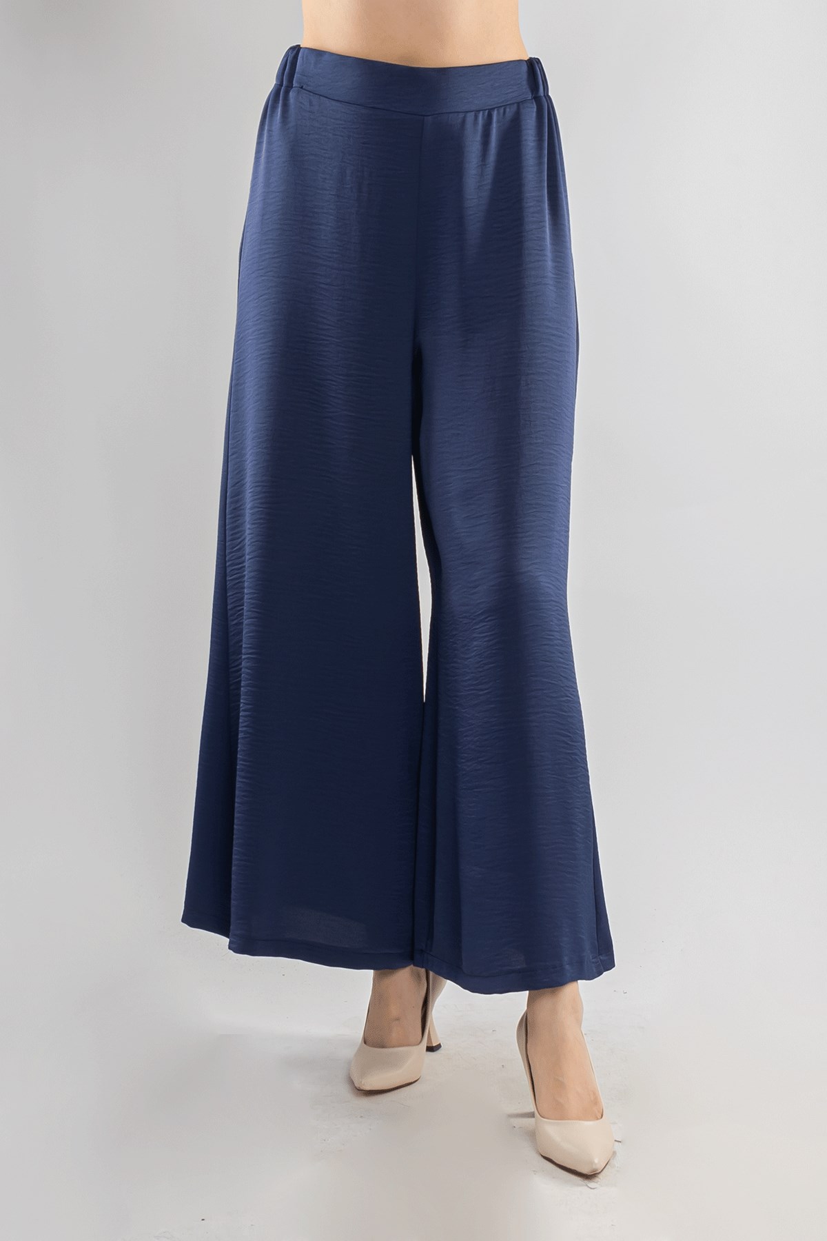 7265 Beli Lastikli Bol Paça Kristal Kumaş Kadın Pantolon