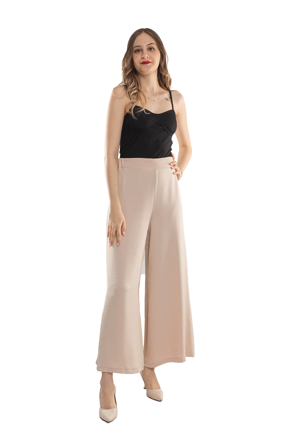 7265 Beli Lastikli Bol Paça Kristal Kumaş Kadın Pantolon