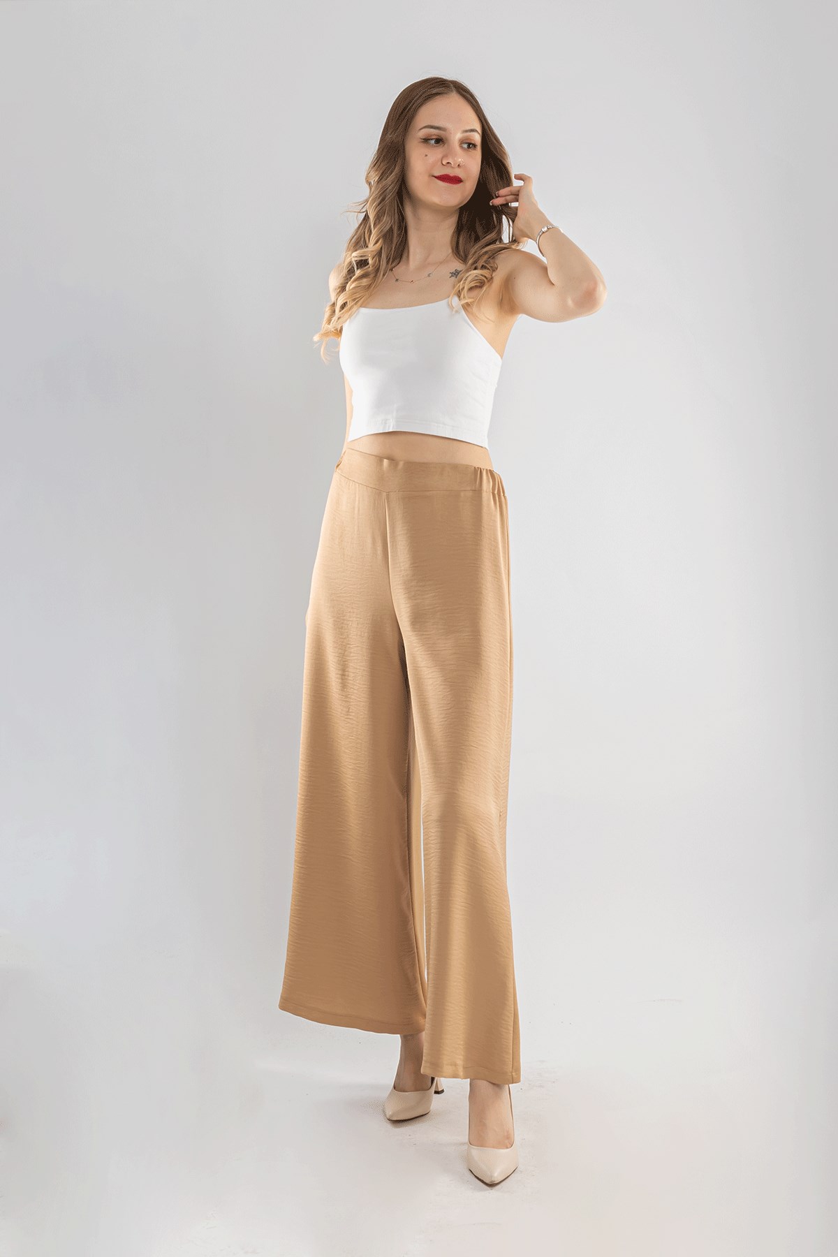 7265 Beli Lastikli Bol Paça Kristal Kumaş Kadın Pantolon