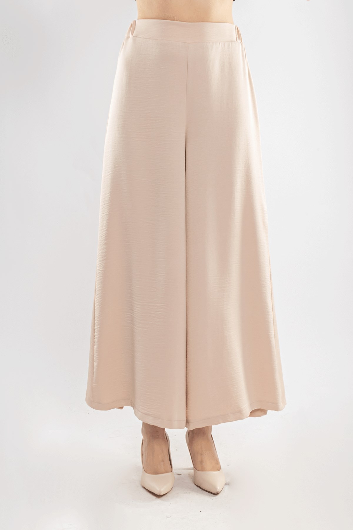 7265 Beli Lastikli Bol Paça Kristal Kumaş Kadın Pantolon