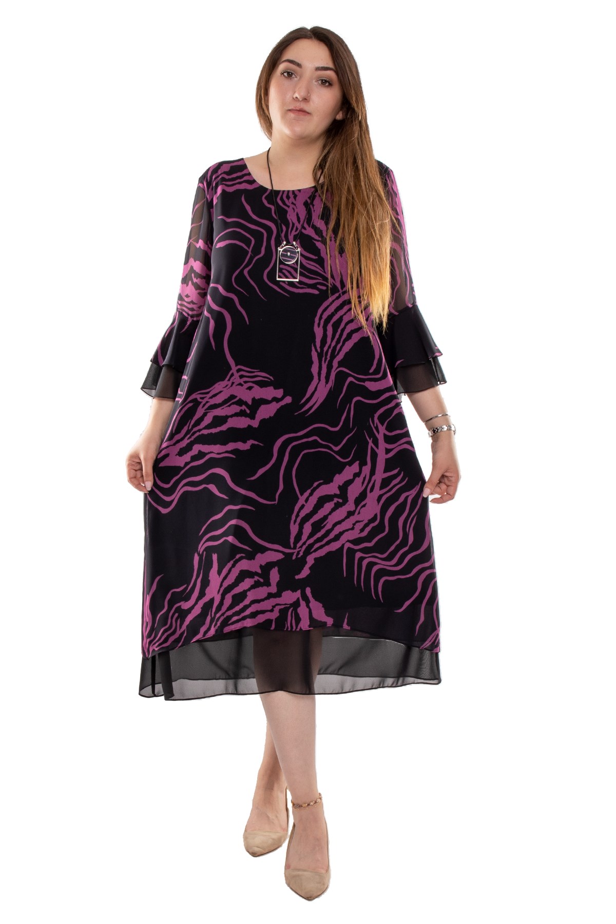 7270 Büyük Beden Valon Kol Astarlı Şifon Kısa Elbise