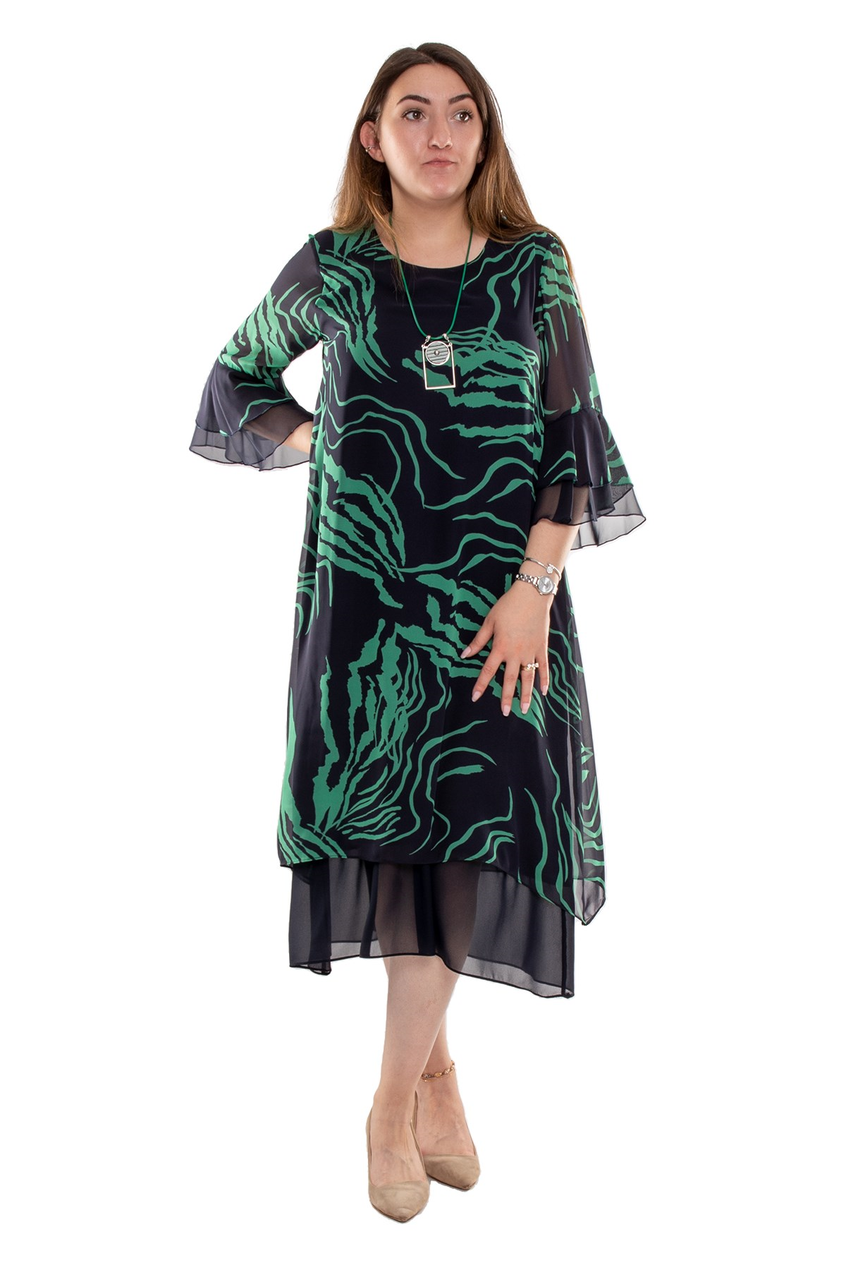 7270 Büyük Beden Valon Kol Astarlı Şifon Kısa Elbise