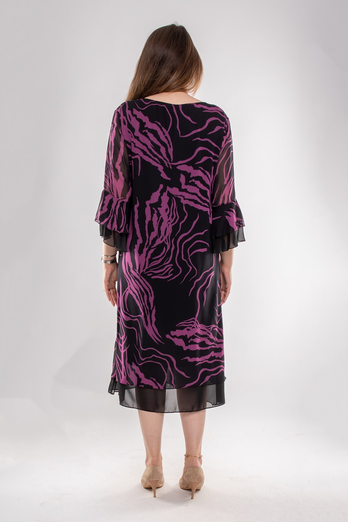 7270 Büyük Beden Valon Kol Astarlı Şifon Kısa Elbise